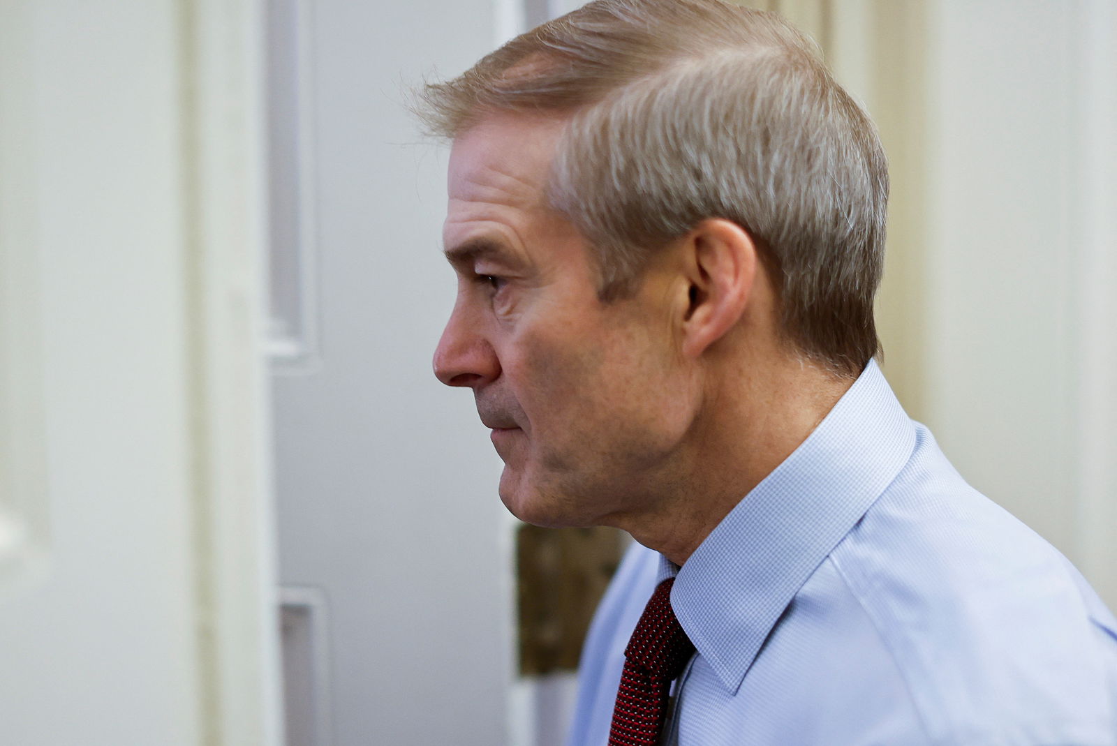 U.S. Rep. Jim Jordan (R-OH), currently the top contender in the race to be the next Speaker of the U.S. House of Representatives, arrives at the office of House Majority Whip Tom Emmer (R-MN) for meetings to try to find the remaining votes to get Jordan elected the next Speaker after he failed to win the gavel in the first round of voting, at the U.S. Capitol in Washington, U.S., October 18, 2023. 