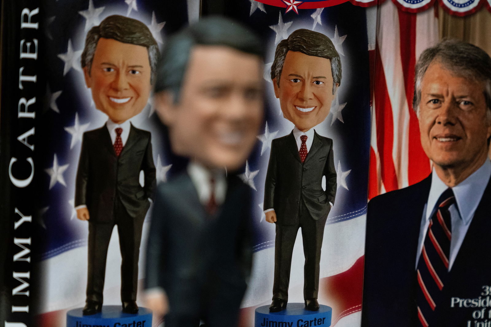 A Jimmy Carter bobblehead is seen in the gift shop during a public birthday party held a day before former U.S. President Jimmy Carter turns 99 years old, at the Jimmy Carter Presidential Library and Museum in Atlanta, Georgia, U.S. September 30, 2023.