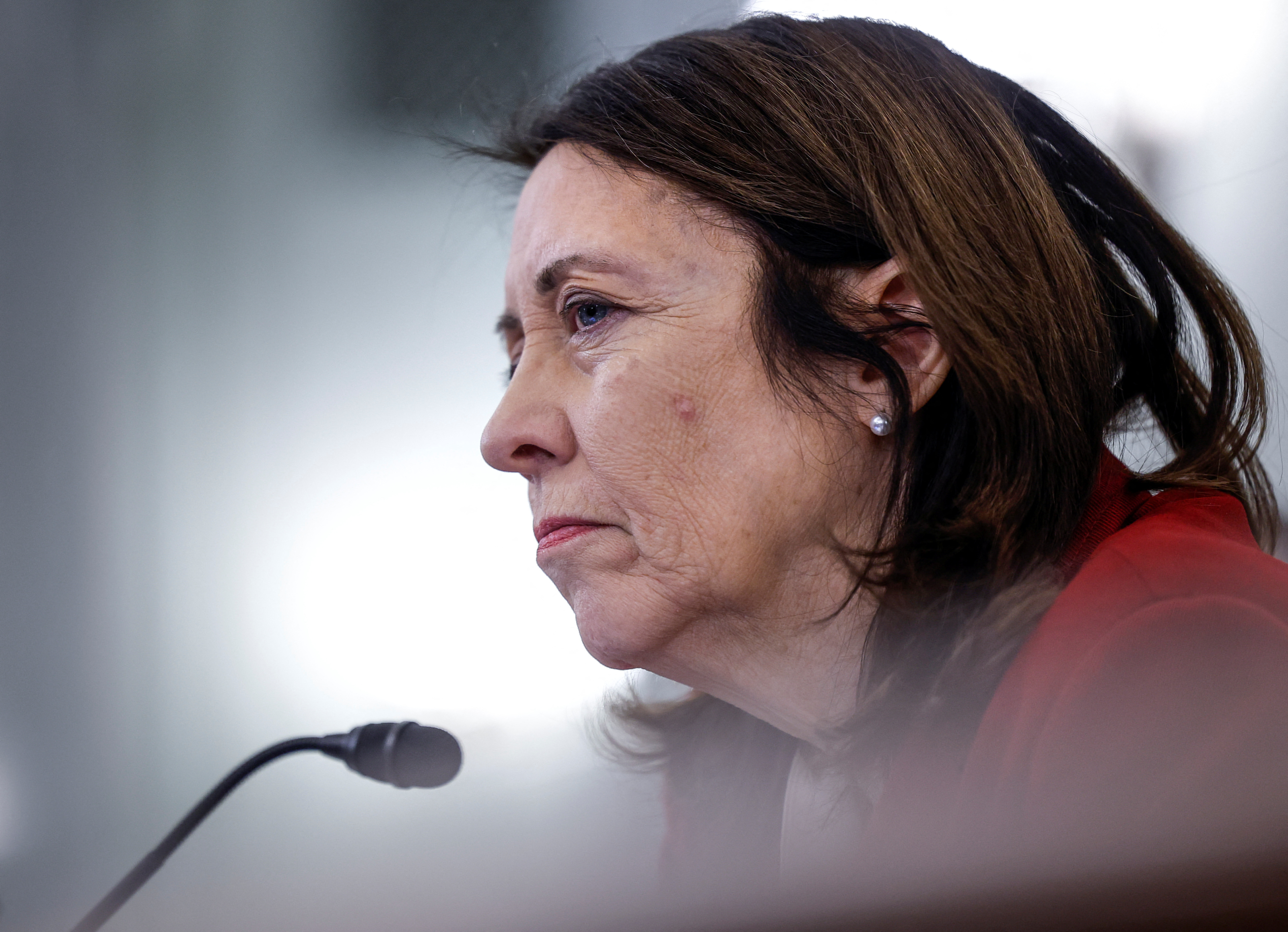 U.S. Senator Maria Cantwell (D-WA) listens during a Senate Commerce, Science and Transportation Committee hearing titled "Improving Rail Safety in Response to the East Palestine Derailment" in Washington, U.S., March 22, 2023. 