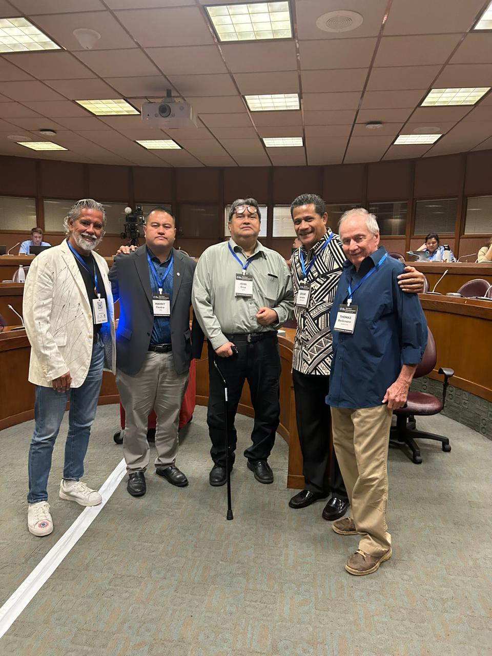 From left, Henk Rogers, founder of Blue Planet Alliance; Rep. Manny Gregory T. Castro; John Cruz, assistant general manager for Guam Power Authority; Jerome Ierome, senior renewable energy team leader for the American Samoa Power Authority; and Thomas Beckman, legal counsel of the Pohnpei State Legislature.