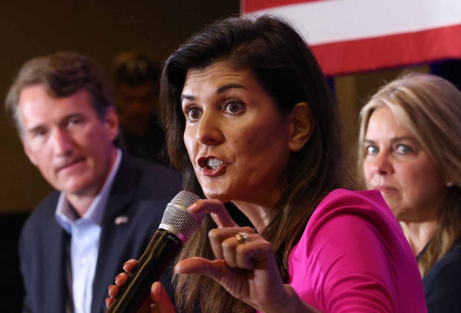 Former South Carolina Gov. Nikki Haley speaks during a campaign event for Virginia gubernatorial candidate Glenn Youngkin July 14, 2021, in McLean, Virginia. Haley, now running for the 2024 GOP presidential nomination, says President Joe Biden must get tougher on Iran amid the Israel-Hamas conflict. (Win McNamee/Getty Images/TNS)