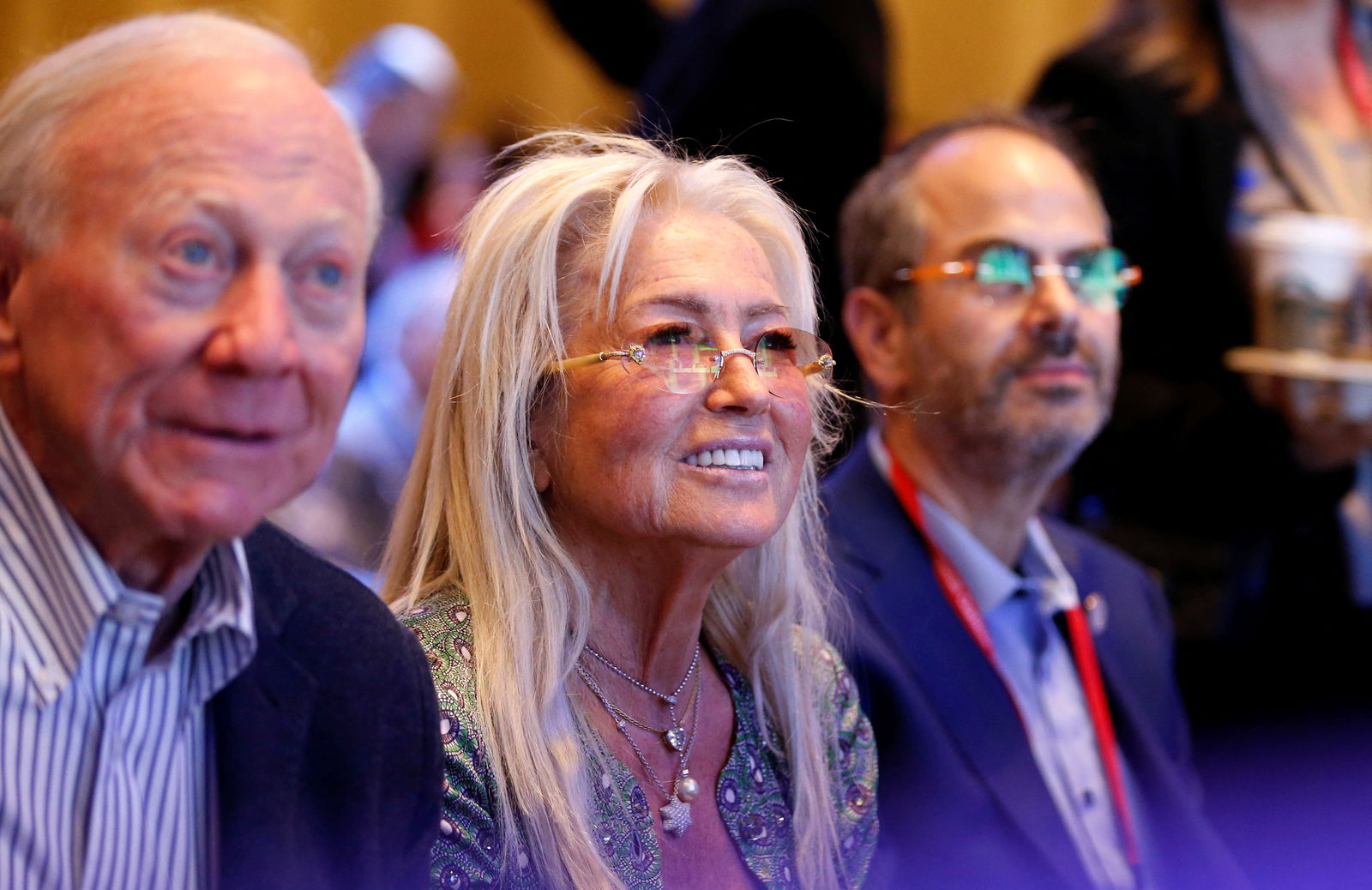 Miriam Adelson listens to Republican U.S. presidential candidate and former U.S. President Donald J. Trump during the Republican Jewish Coalition Annual Leadership Summit in Las Vegas, Nevada, U.S. October 28, 2023. 