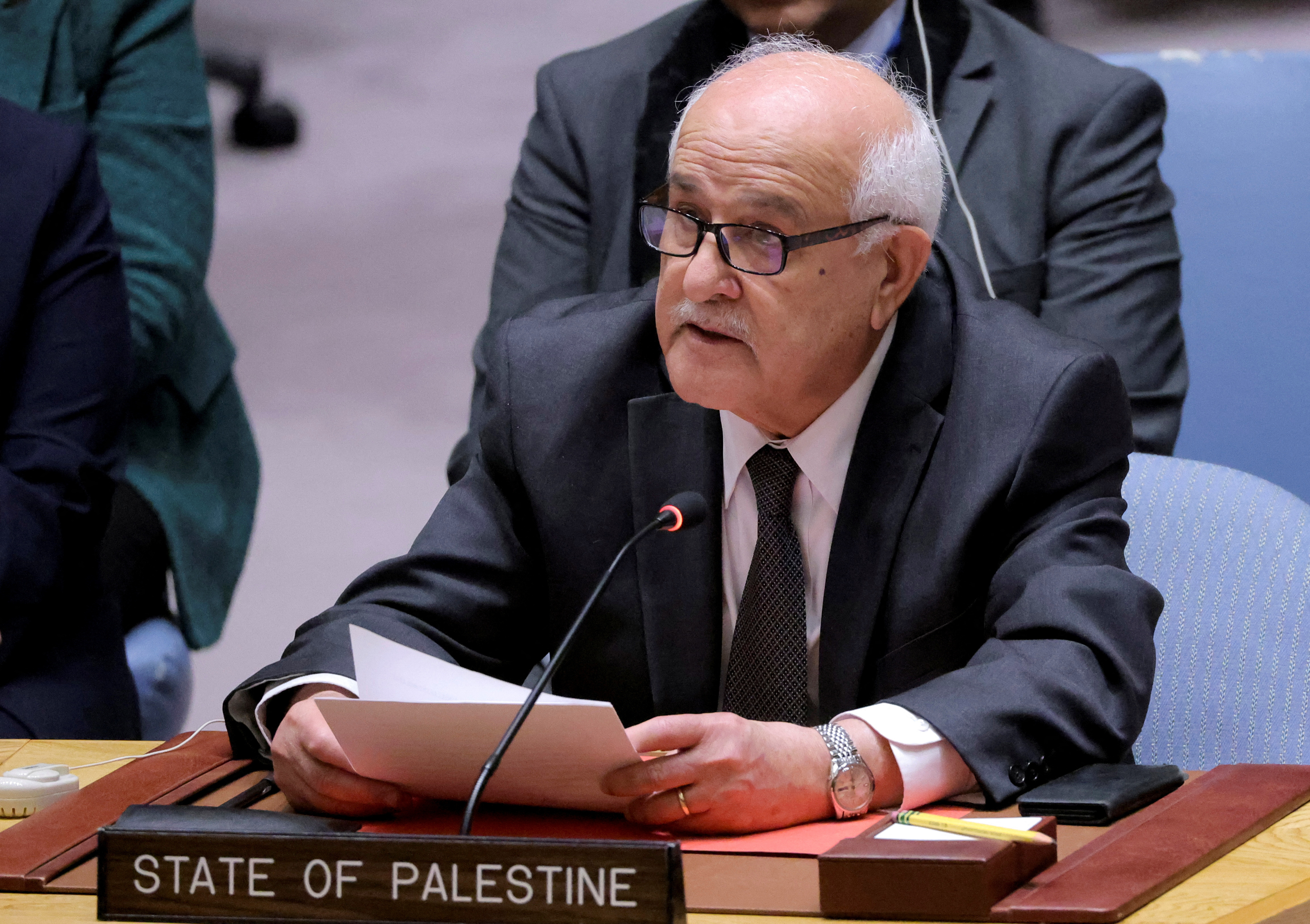 Riyad H. Mansour, Permanent Observer of Palestine to the United Nations addresses the Security Council before a vote during a meeting of the United Nations Security Council on the conflict between Israel and Hamas at U.N. headquarters in New York, U.S., October 16, 2023. 