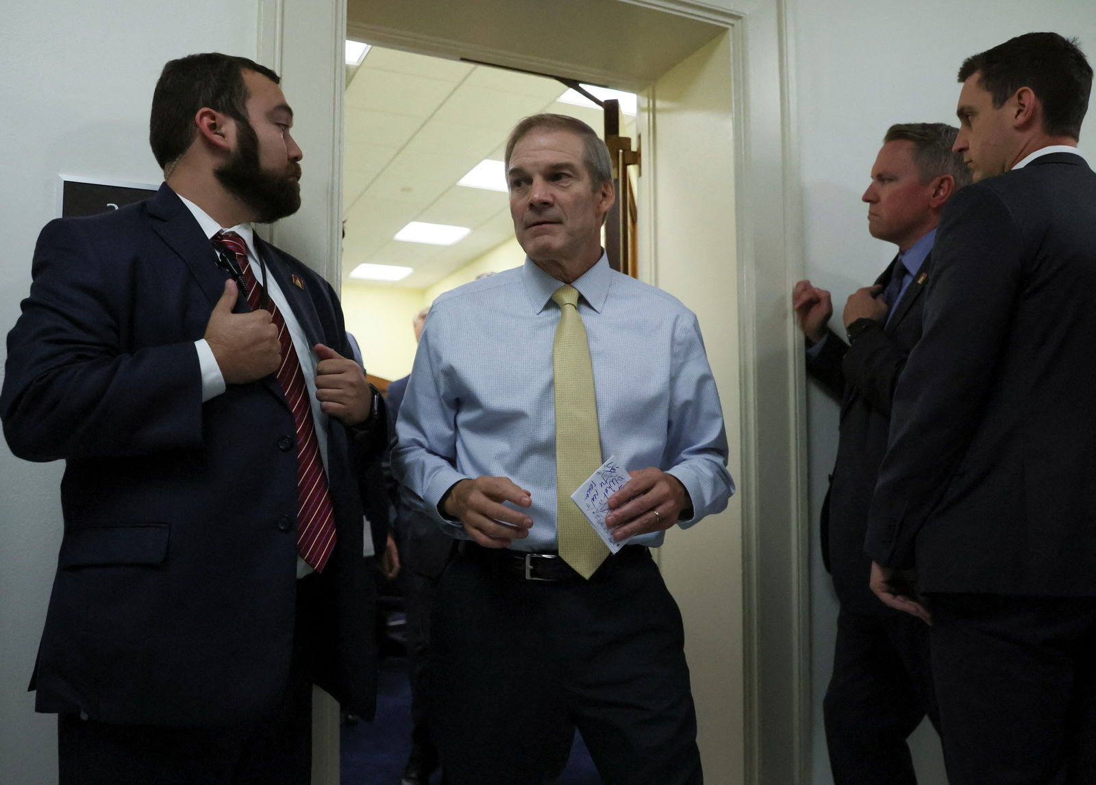 Rep. Jim Jordan (R-OH) departs a House Republican Conference meeting about choosing a new Speaker of the House after it was reported that Jordan vowed to continue his floundering bid for the speakership at the U.S. Capitol in Washington, U.S., October 19, 2023. 
