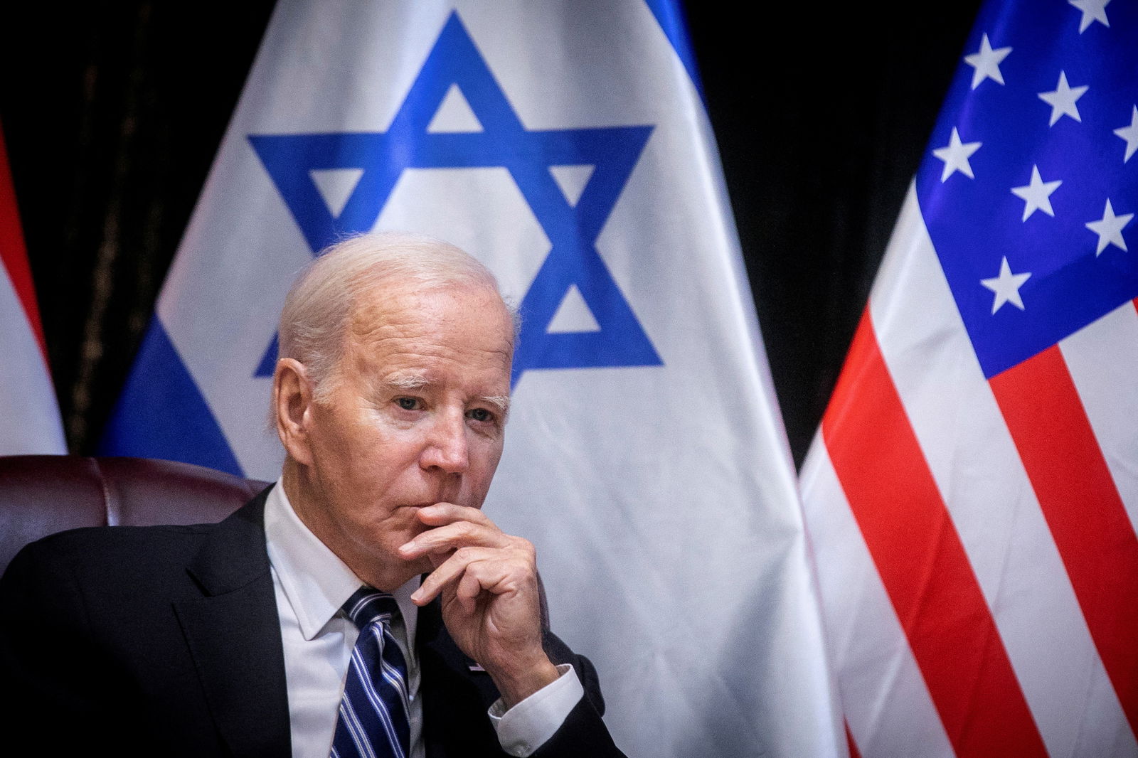 U.S. President Joe Biden pauses during a meeting with Israeli Prime Minister Benjamin Netanyahu to discuss the ongoing conflict between Israel and Hamas, in Tel Aviv, Israel, Wednesday, Oct. 18, 2023. 