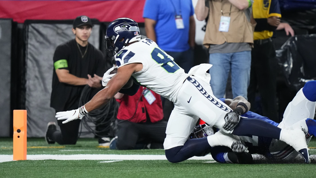 Seattle Seahawks tight end Noah Fant is tackled by the New York Giants just short of the goal line during the second quarter of an NFL football game, Monday, Oct. 2, 2023 in East Rutherford, N.J.