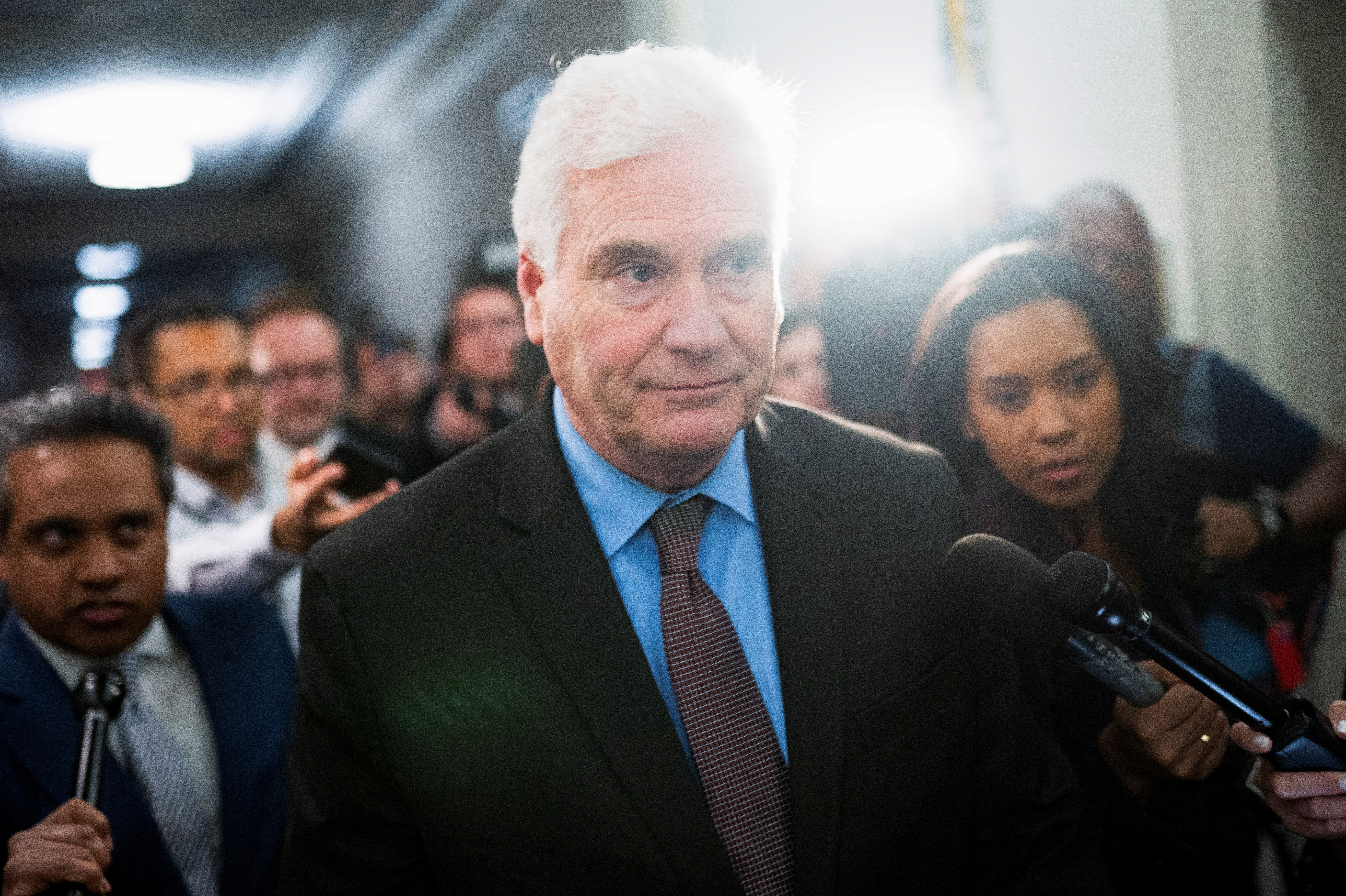 House Majority Whip Tom Emmer (R-MN) departs from a House Republican meeting to discuss possible new candidates to lead them as speaker at the Longworth House Office Building in Washington, U.S., October 23, 2023. 