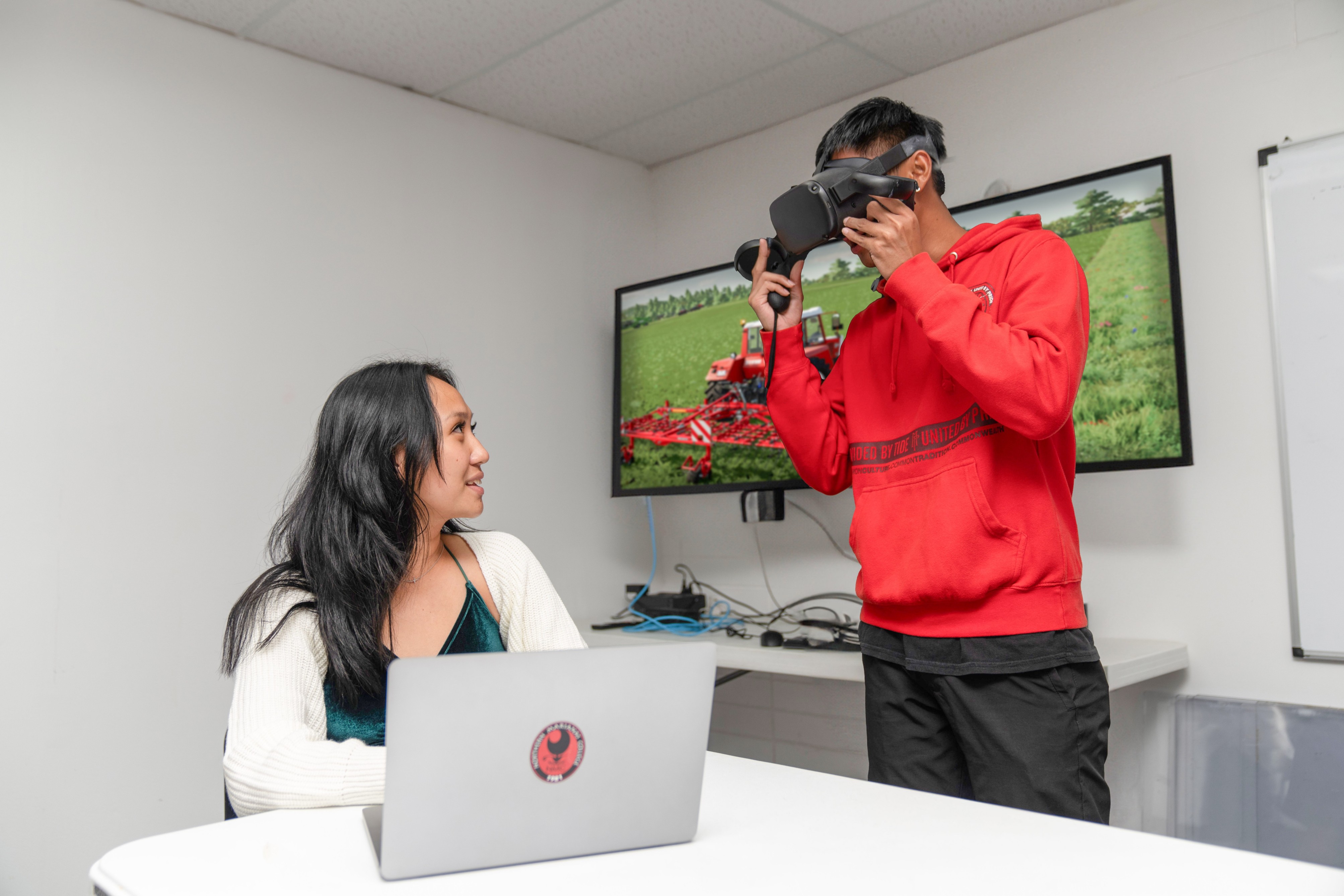 Two Northern Marianas College students try out a virtual reality headset. The college recently received funding from the U.S. of Agriculture’s National Institute for Food and Agriculture to enhance agricultural and food science education through the implementation of virtual reality technology.
