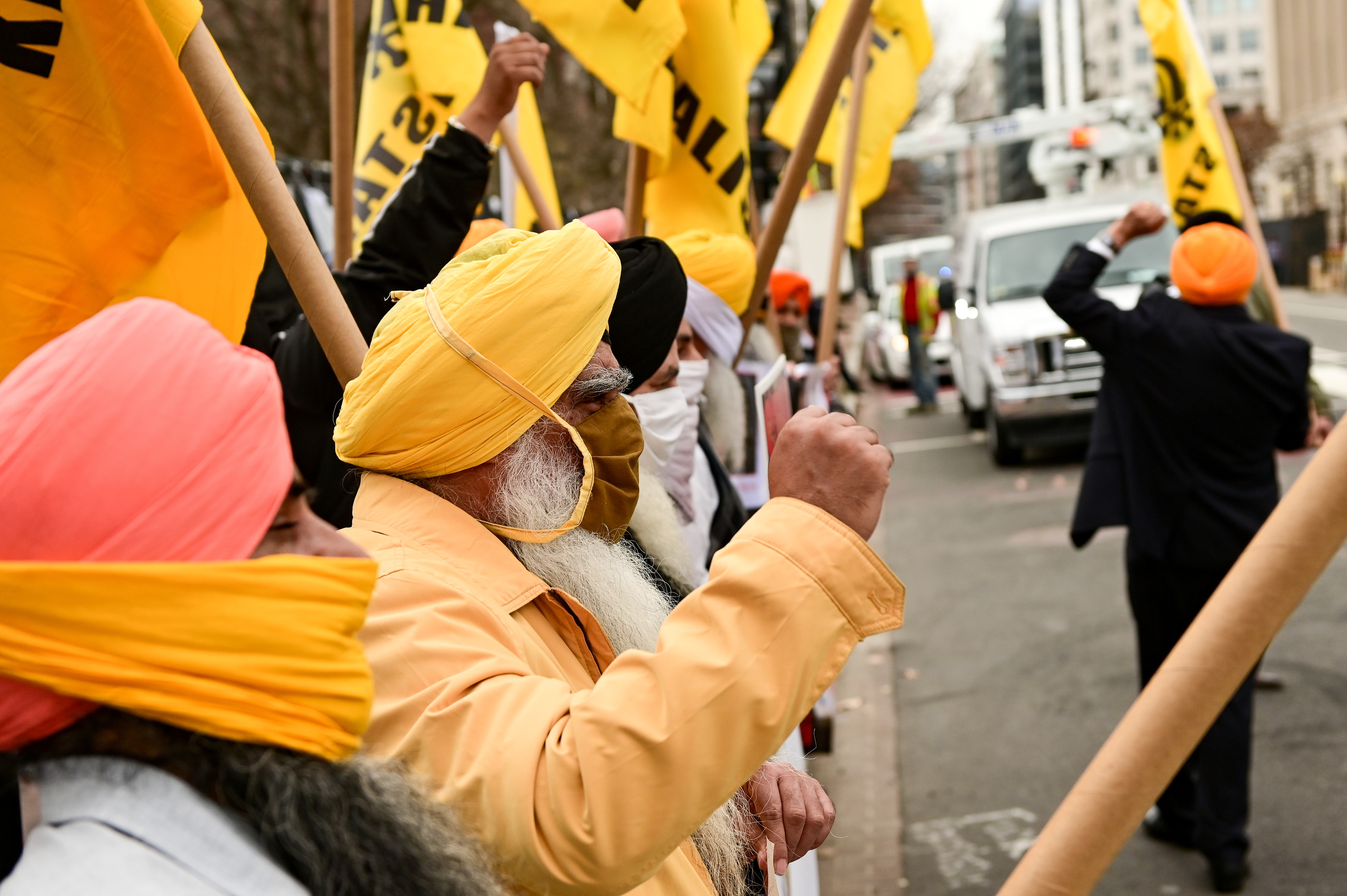 Protesters with the group Sikhs For Justice demonstrate against the Indian government's treatment of Sikh farmers near the White House in Washington, U.S., March 12, 2021. 