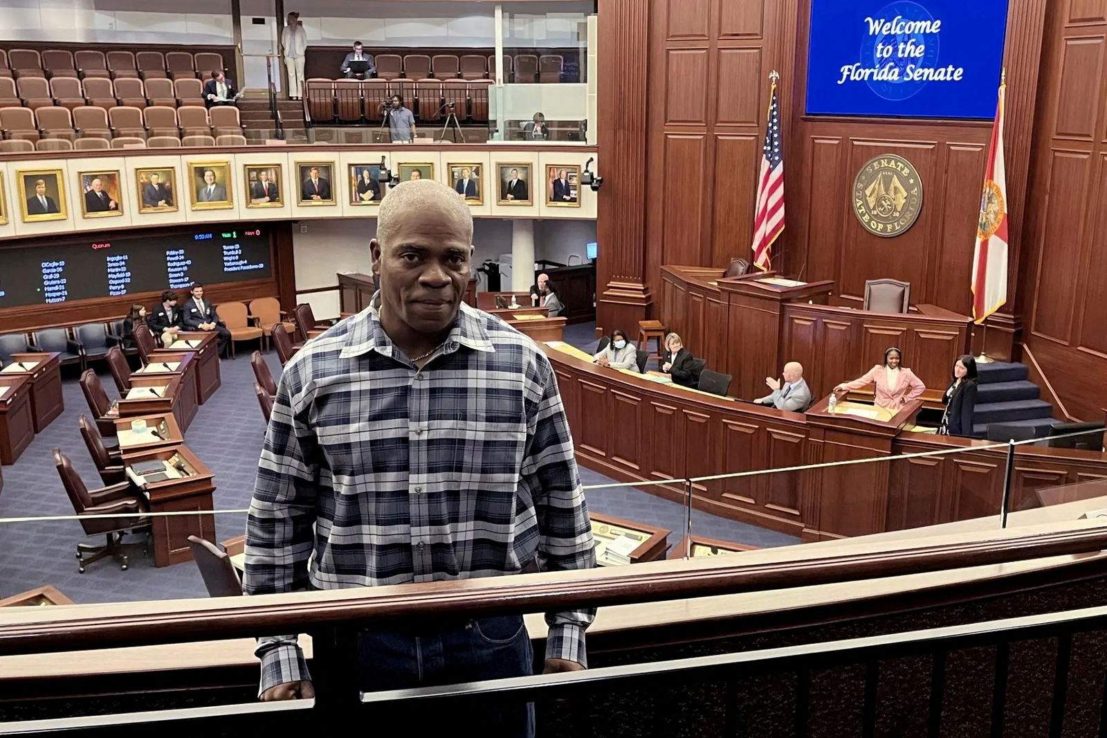 Leonard Allan Cure, 53, who, according to the Georgia Bureau of Investigation (GBI), was killed by a Georgia sheriff's deputy during a traffic stop, poses at the Florida Senate Chamber in Tallahassee, Florida, U.S., April 26, 2023, in this picture obtained by Reuters on October 17, 2023. 