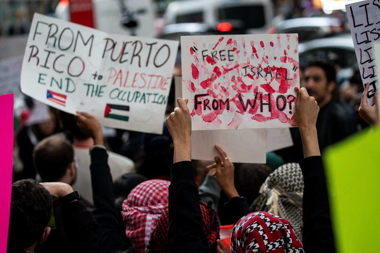 People attend a demonstration to express solidarity with Palestinians in Gaza, amid the ongoing conflict between Israel and the Palestinian Islamist group Hamas, in New York City, U.S., October 18, 2023. 