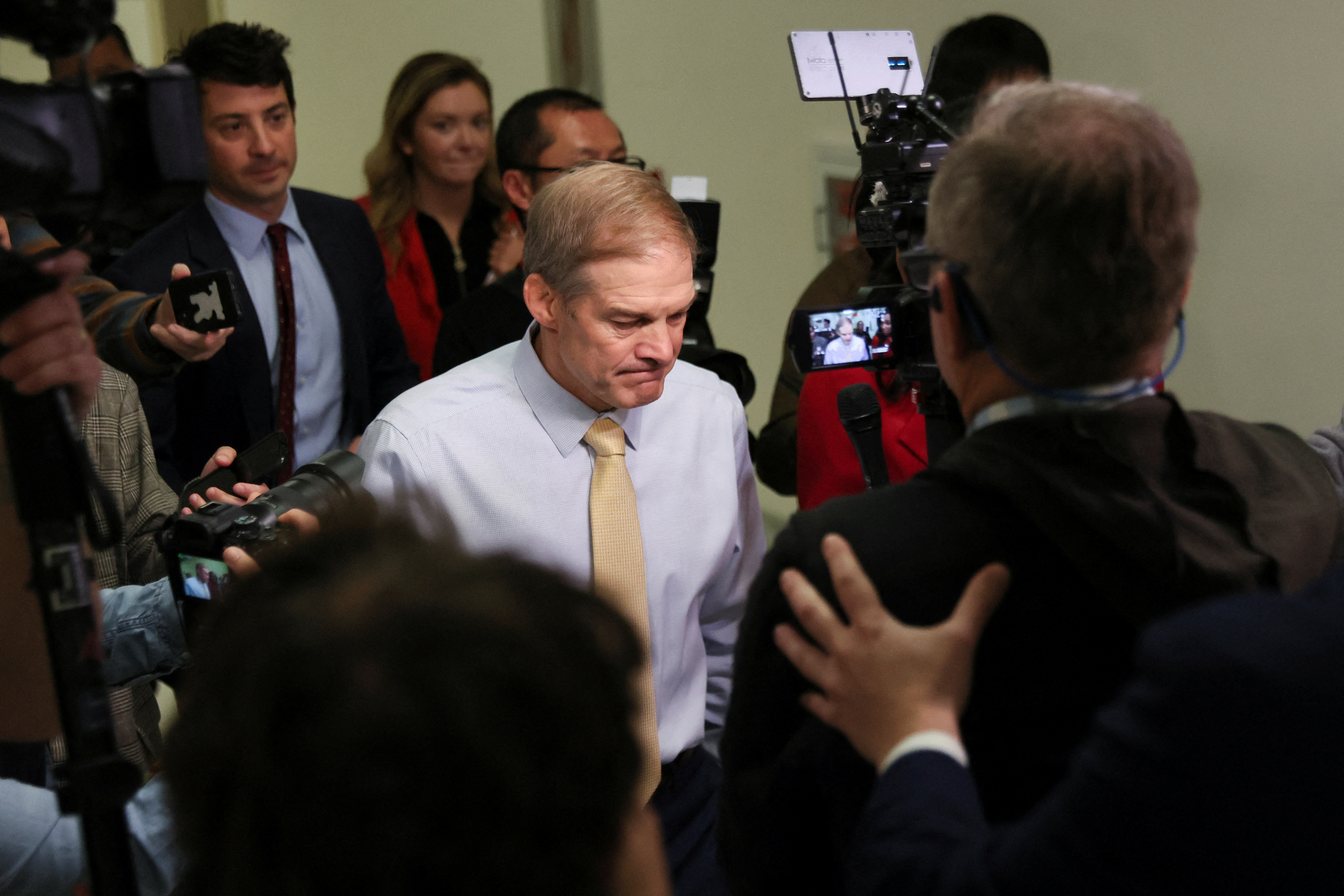 U.S. Representative and candidate for next U.S. Speaker of the House Jim Jordan (R-OH) arrives for a meeting with members of Florida's House of Representatives, after Kevin McCarthy was ousted as House speaker, at the U.S. Capitol in Washington, U.S., October 10, 2023. 