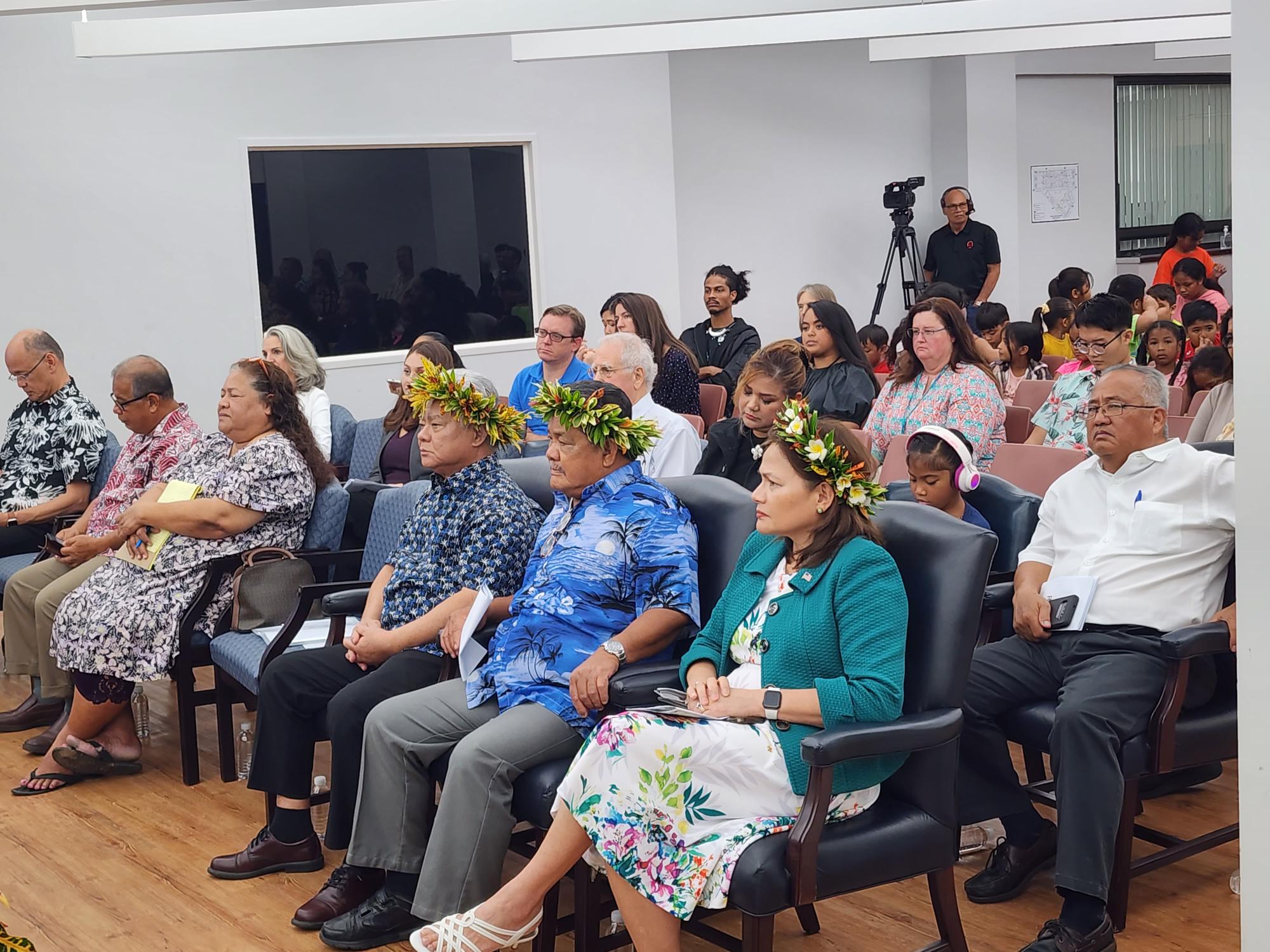 Gov. Arnold I. Palacios, Chief Justice Alexandro Castro, Presiding Judge Roberto C. Naraja, District Court for the NMI Chief Judge Ramona V. Manglona, Sen. Corina Magofna, Rep. Denita Yangetmai and other officials listen to the panelists during the Commonwealth Cultural Day celebration at the Guma Hustisia on Friday.