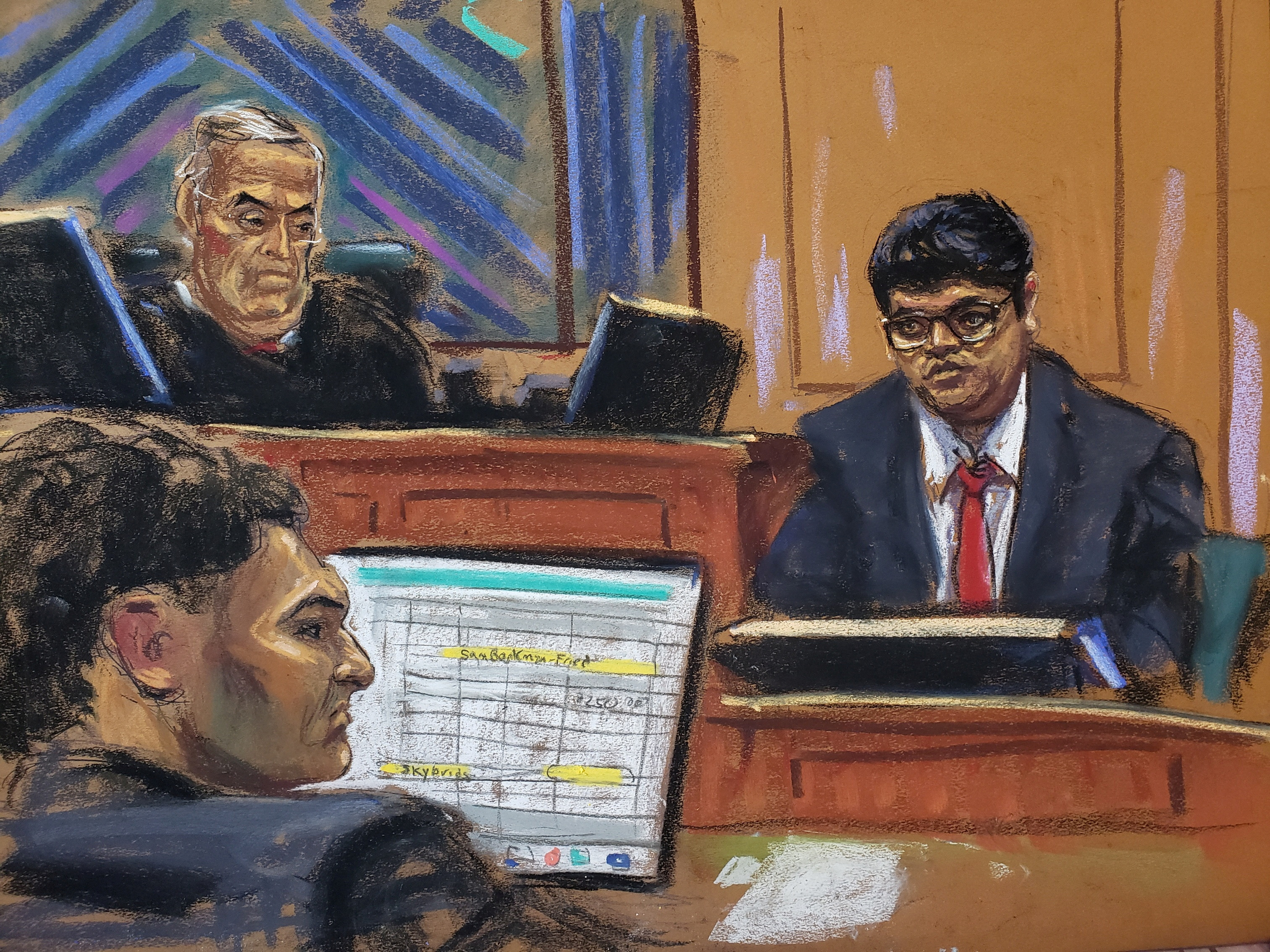 Nishad Singh, the former director of engineering at FTX, testifies during Sam Bankman-Fried's fraud trial before U.S. District Judge Lewis Kaplan over the collapse of FTX, the bankrupt cryptocurrency exchange, at Federal Court in New York City, U.S., October 16, 2023 in this courtroom sketch. 