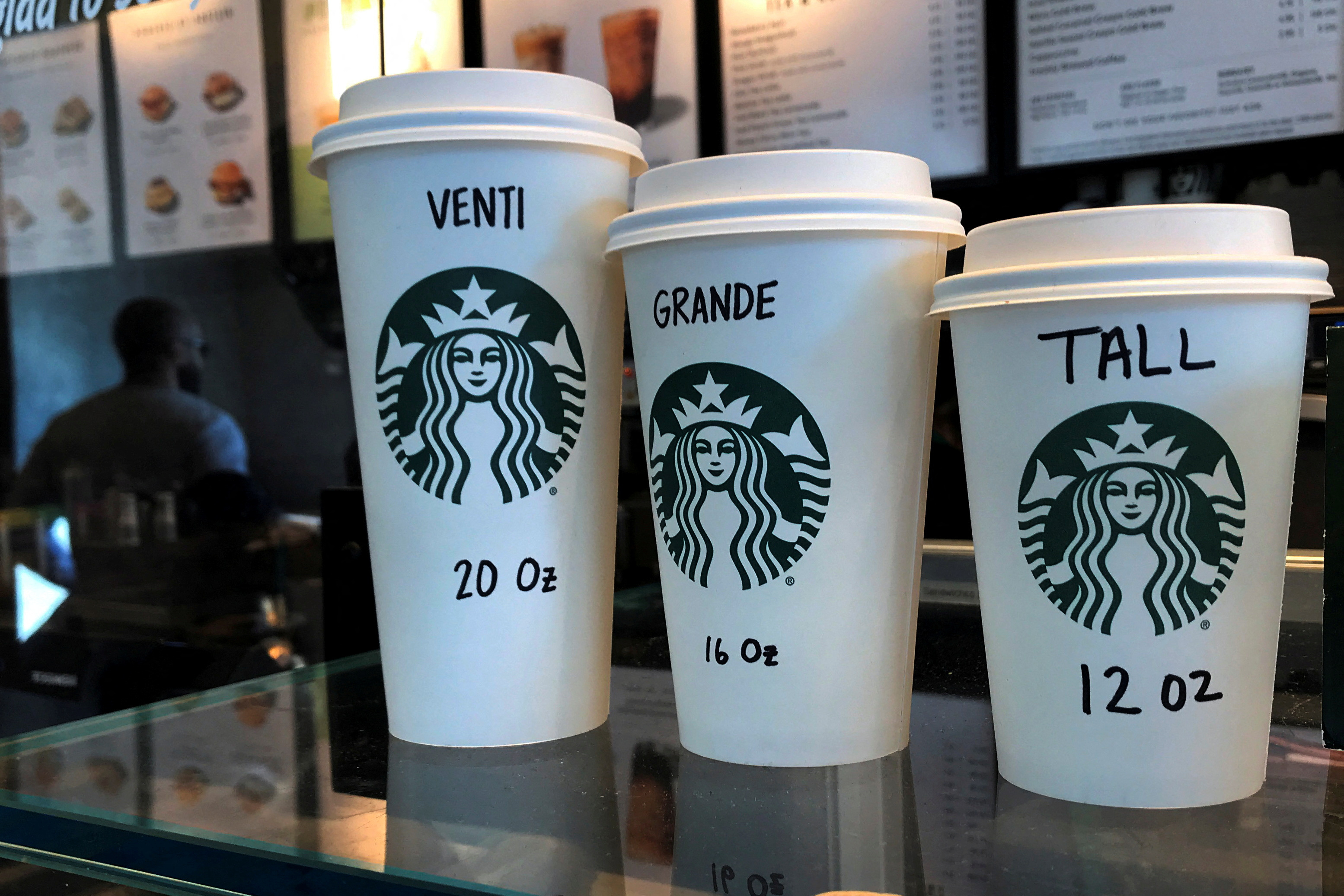 Starbucks cups are pictured on a counter in the Manhattan borough of New York City, New York, U.S., February 16, 2022. 