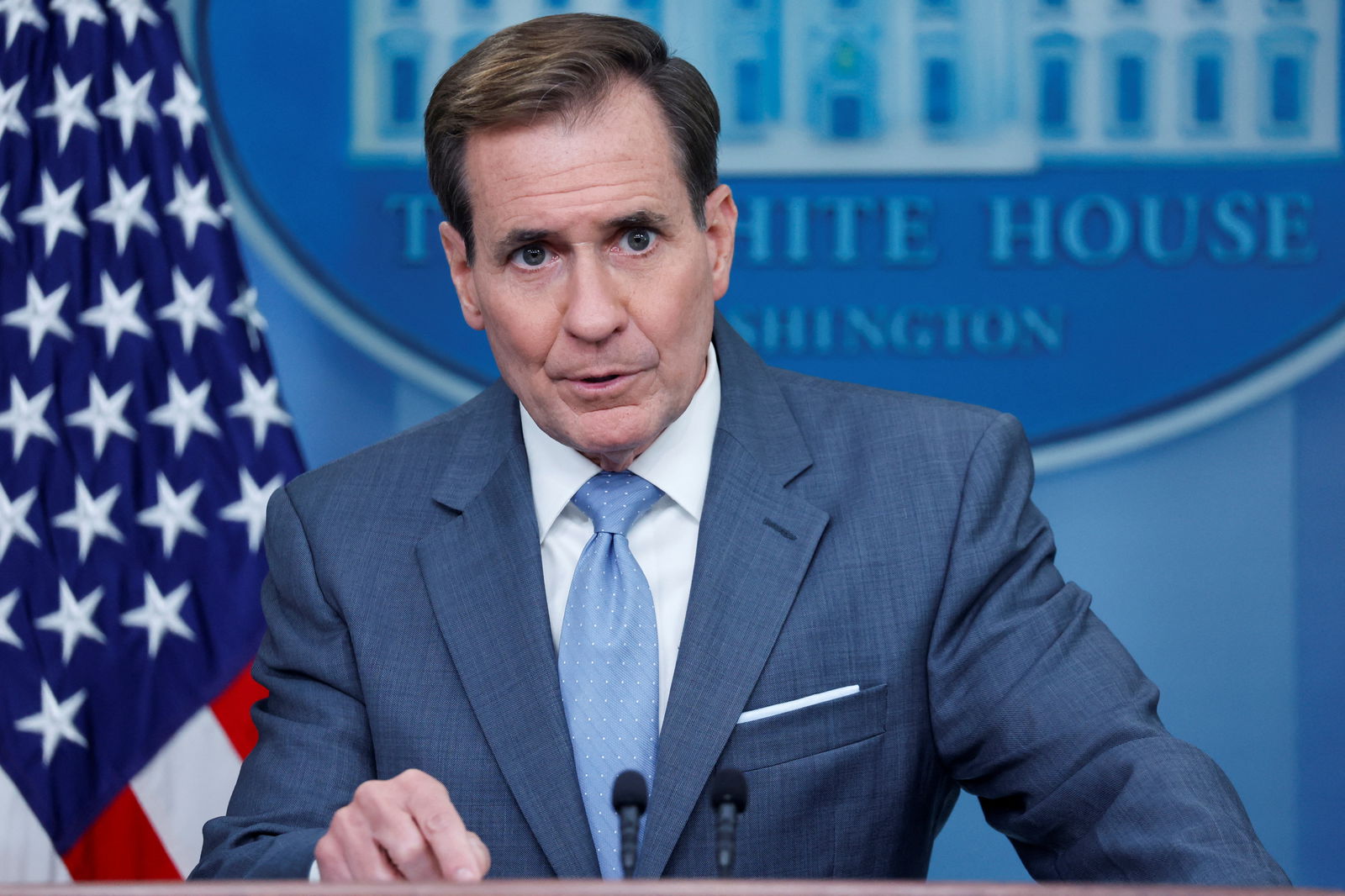 White House National Security Council Strategic Communications Coordinator John Kirby joins White House Press Secretary Karine Jean-Pierre for the daily press briefing at the White House in Washington, U.S. October 12, 2023. REUTERS/Jonathan Ernst