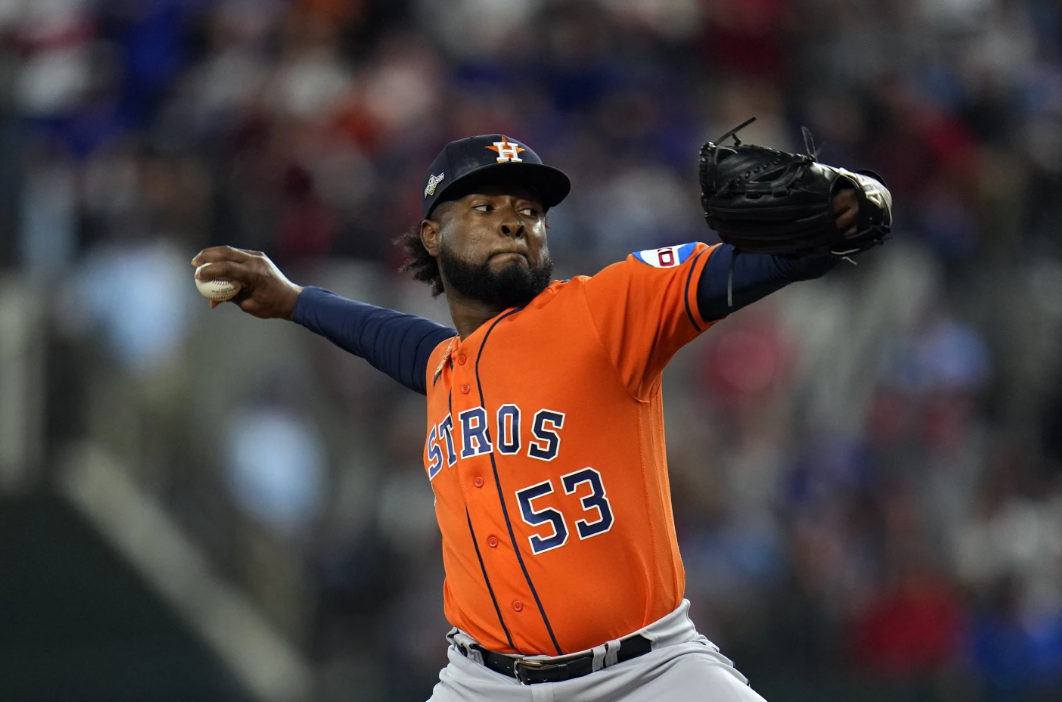 Houston Astros’ starting pitcher Cristian Javier throws against the Texas Rangers during the first inning in Game 3 of the American League Championship Series Wednesday, Oct. 18, 2023, in Arlington, Texas.