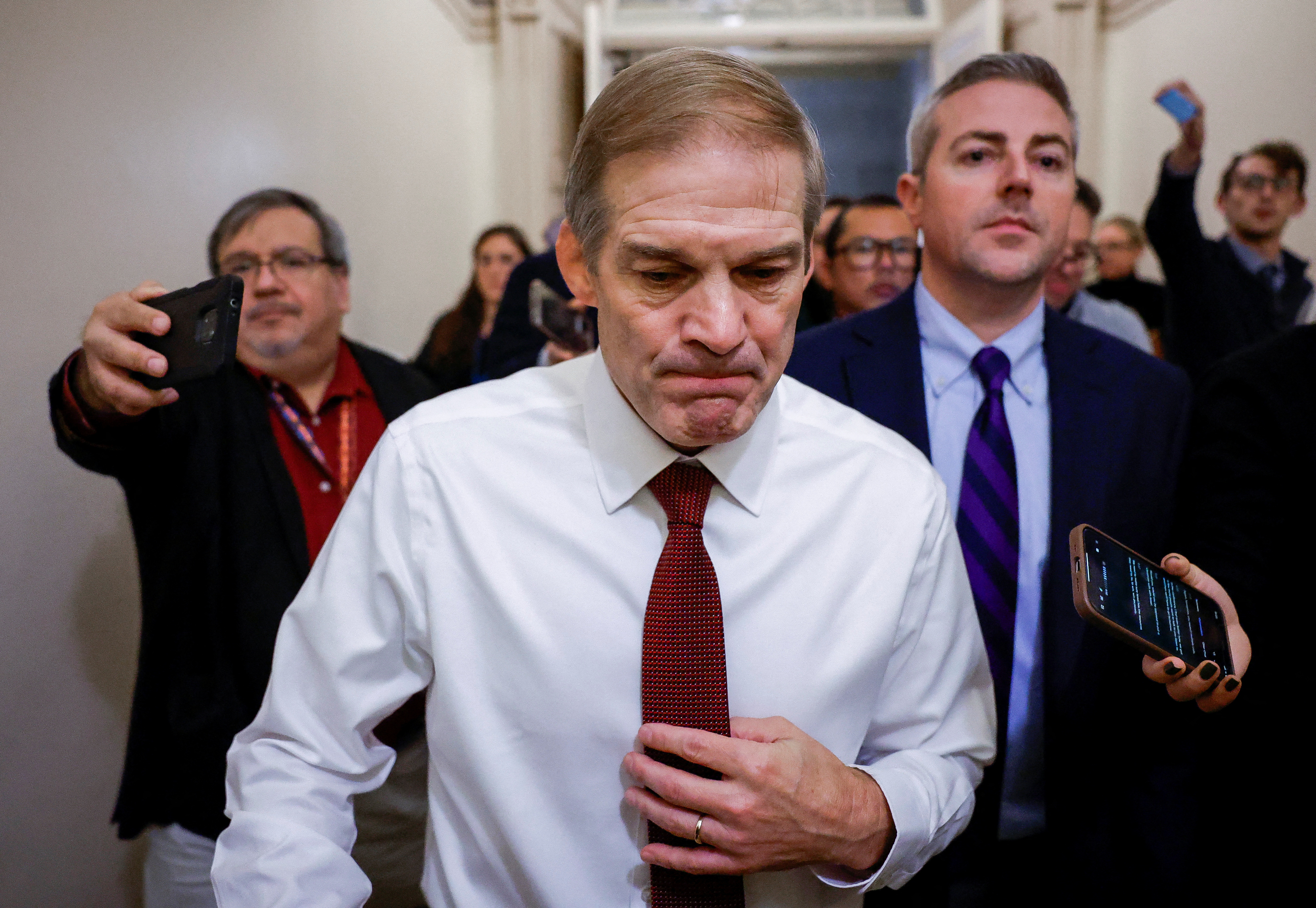 U.S. Representative Jim Jordan (R-OH), who is vying for the position of Speaker of the House, walks on the day of the meeting of House Republicans as the Republicans continue to try to elect a new speaker, on Capitol Hill in Washington, U.S., October 16, 2023.