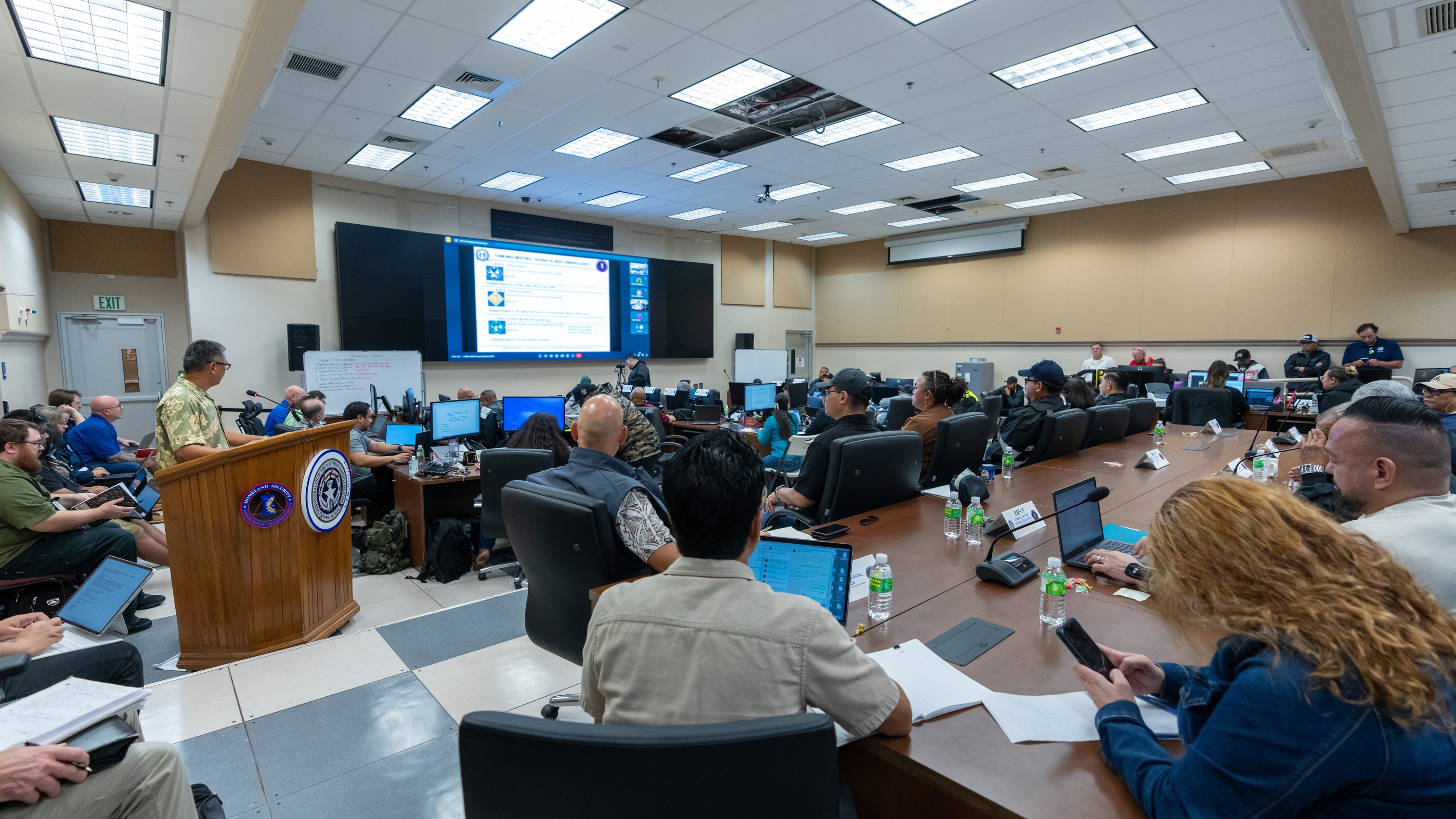 Members of the CNMI Multi-Agency Coordination Team led by Gov. Arnold I. Palacios meet at the Emergency Operations Center on Capital Hill, Tuesday morning, as Typhoon Bolaven approaches the islands.