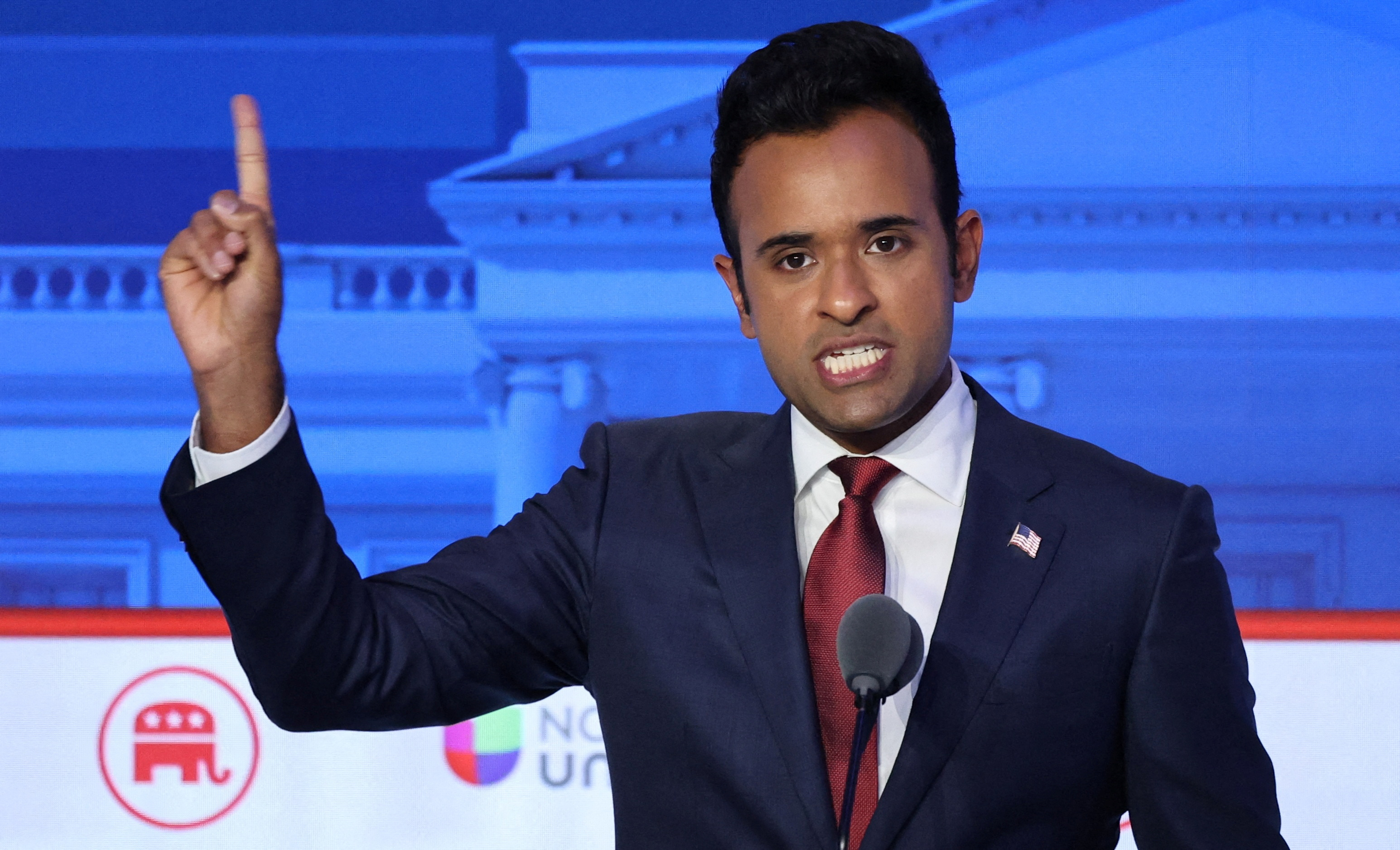 Former biotech executive Vivek Ramaswamy speaks during the second Republican candidates' debate of the 2024 U.S. presidential campaign at the Ronald Reagan Presidential Library in Simi Valley, California, U.S. September 27, 2023. 