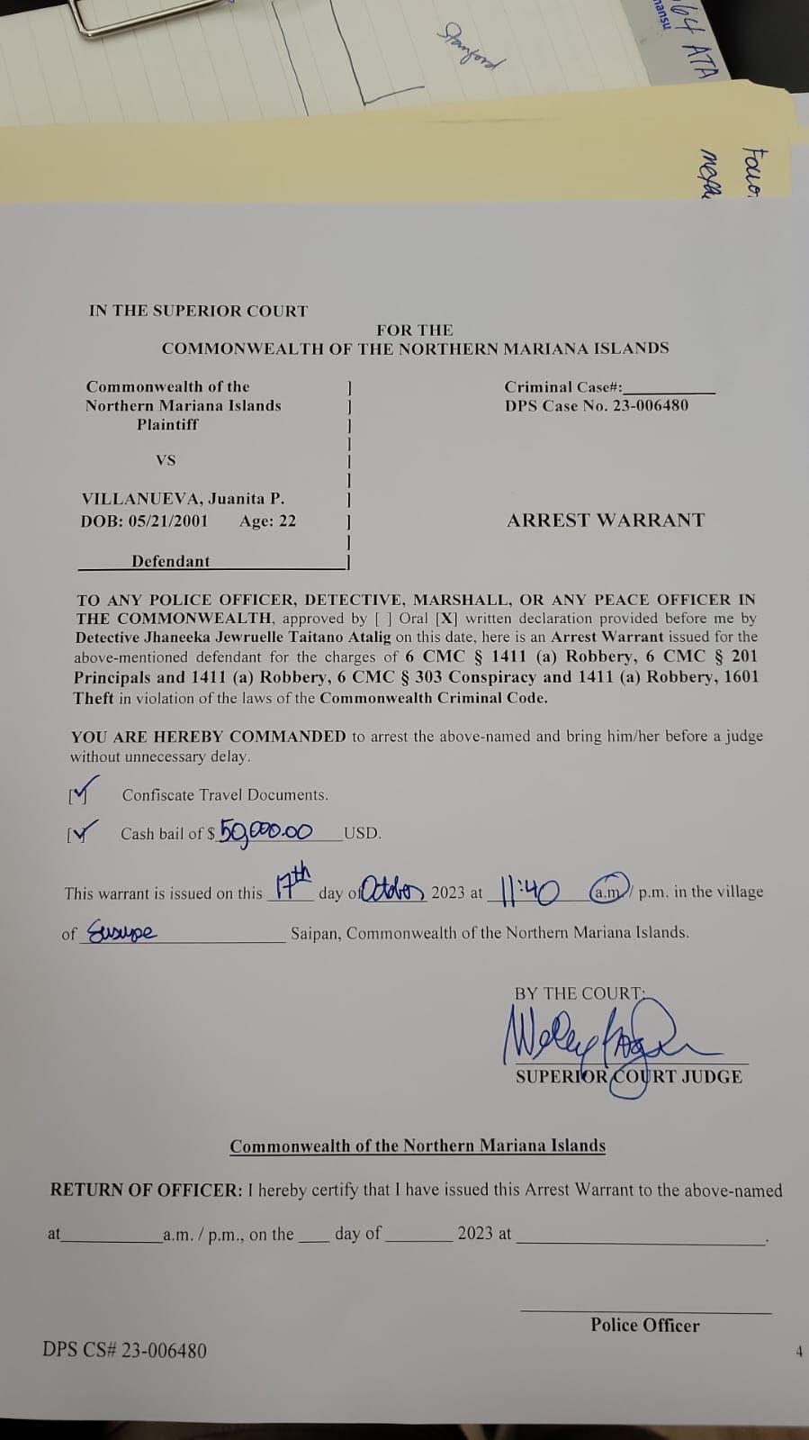 Arrest warrant document of Juanita Villanueva