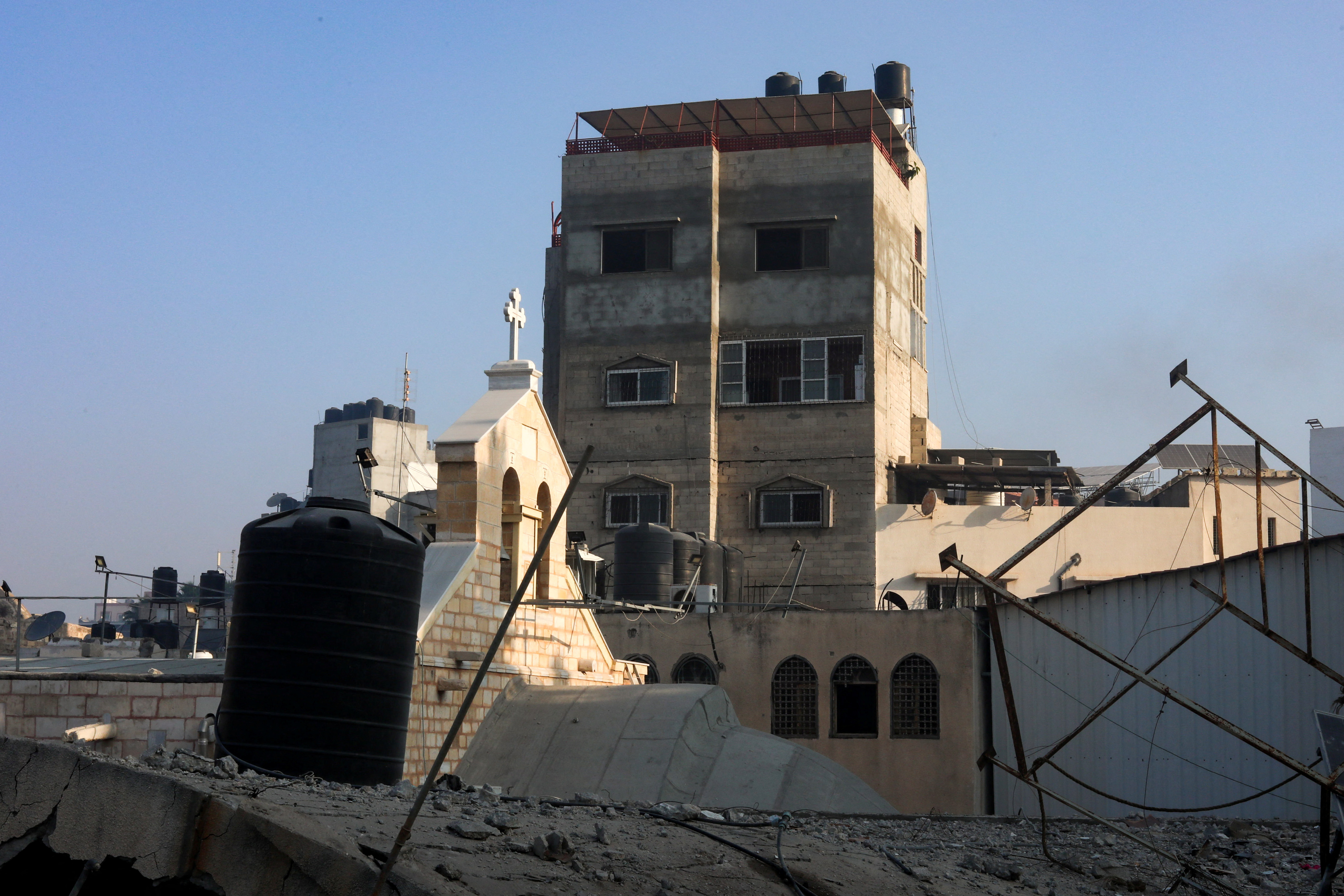 A view at the Greek Orthodox Saint Porphyrius Church that was damaged by an Israeli strike, where Palestinians who fled their homes take shelter, in Gaza City, October 20, 2023. 