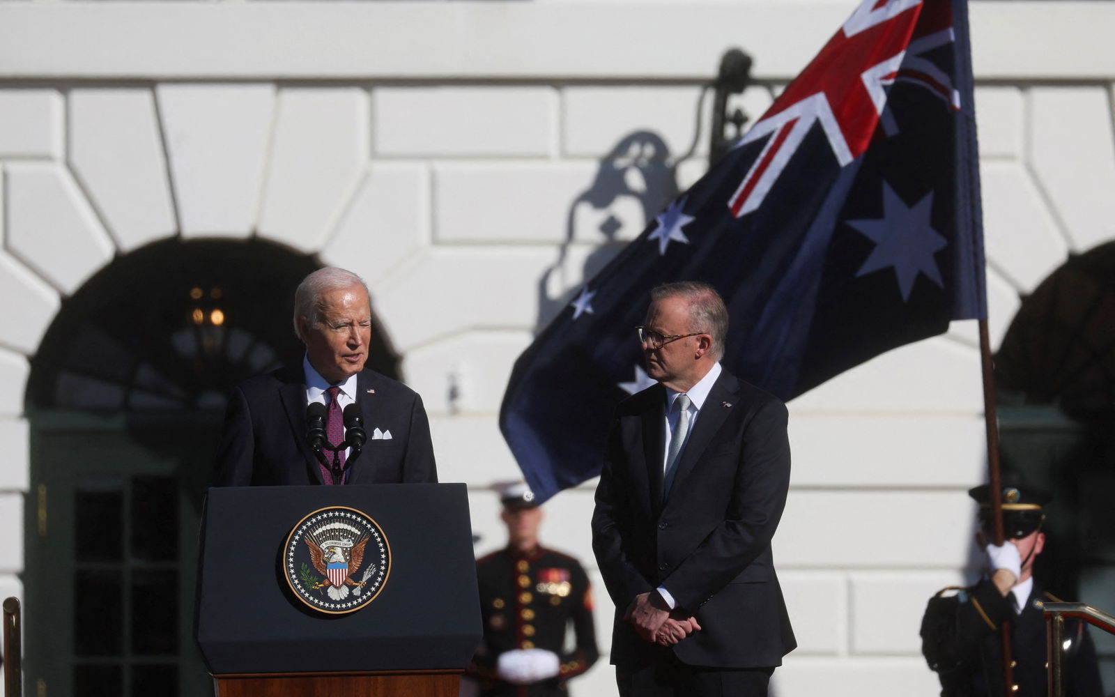 U.S. President Joe Biden speaks as Australia’s Prime Minister Anthony Albanese listens during an official White House State Arrival ceremony on the South Lawn of the White House in Washington, U.S., October 25, 2023. 