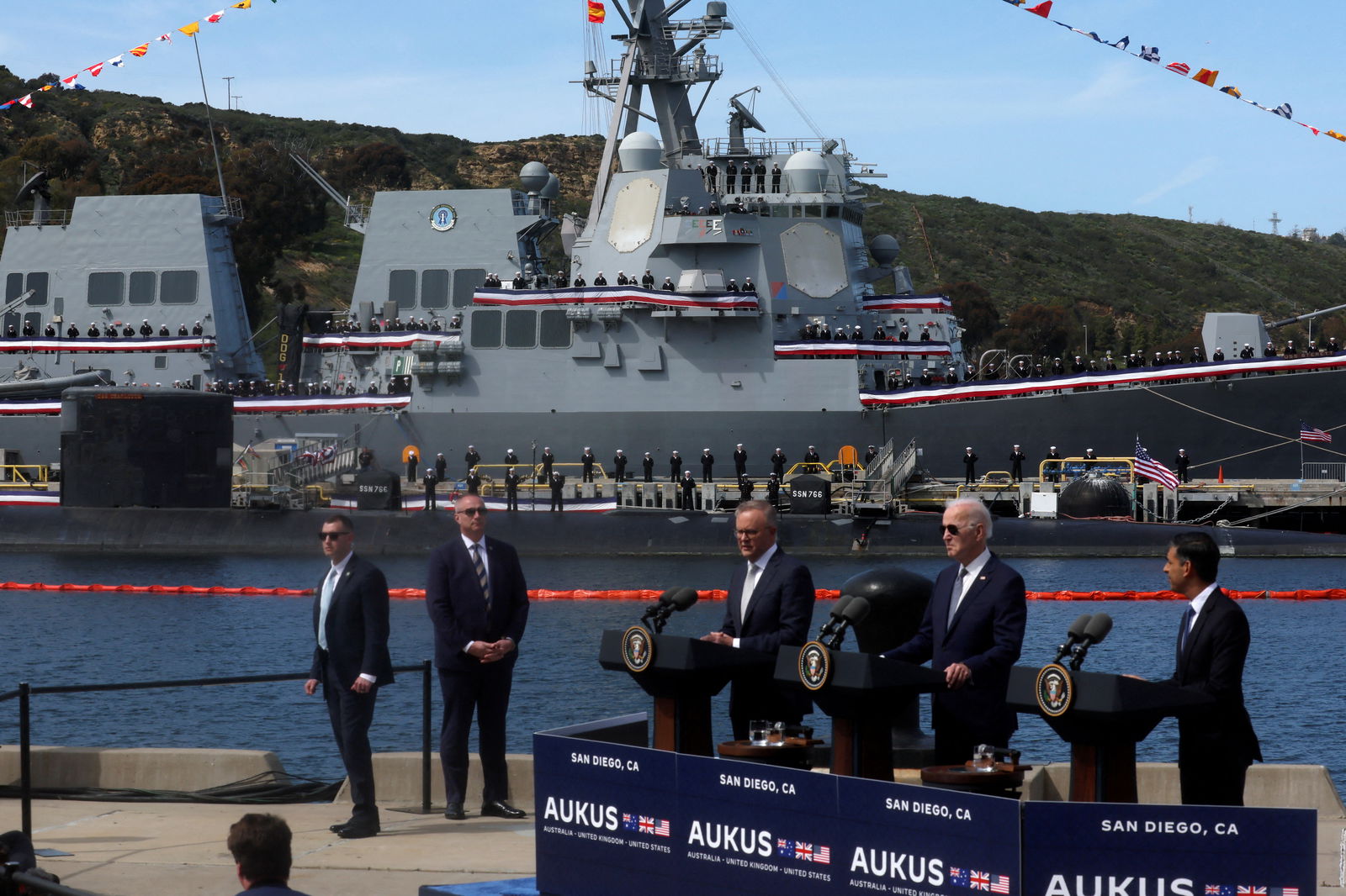 U.S. President Joe Biden, Australian Prime Minister Anthony Albanese and British Prime Minister Rishi Sunak deliver remarks on the Australia - United Kingdom - U.S. (AUKUS) partnership, after a trilateral meeting, at Naval Base Point Loma in San Diego, California U.S. March 13, 2023. 