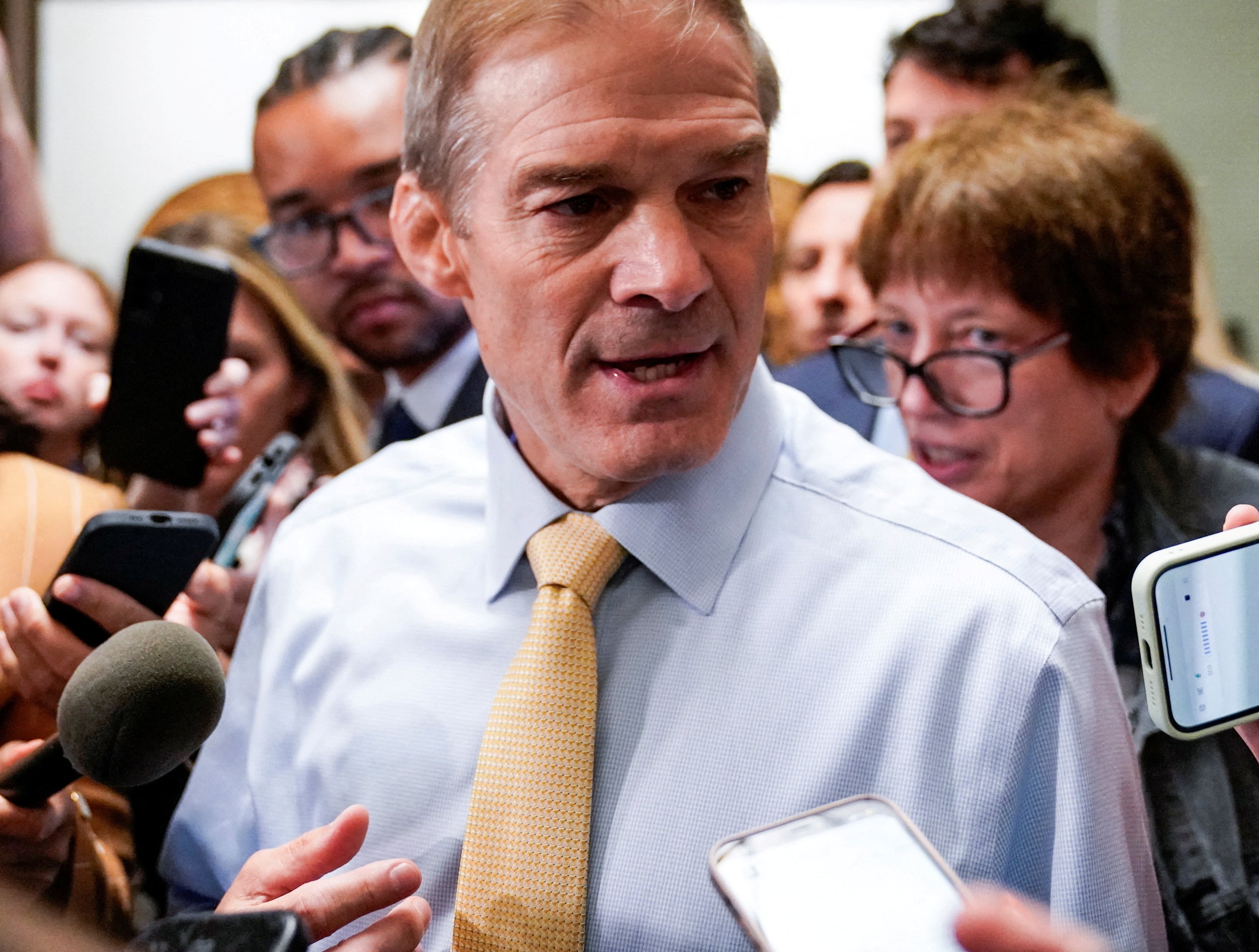 House Judiciary Committee Chairman Rep. Jim Jordan (R-OH), a prime contender in the race to be the next Speaker of the U.S. House of Representatives, speaks to reporters during a break in a House Republican Conference meeting as Republicans work to restart their effort to pick a new leader for the House after party infighting led nominee Steve Scalise to withdraw from the race for speaker, on Capitol Hill in Washington, U.S., October 13, 2023. REUTERS/Elizabeth Frantz