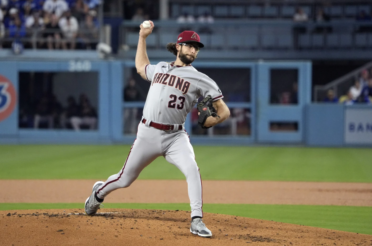Arizona Diamondbacks starting pitcher Zac Gallen throws to a Los Angeles Dodgers batter in Game 2 of a baseball NL Division Series, Monday, Oct. 9, 2023 in Los Angeles.