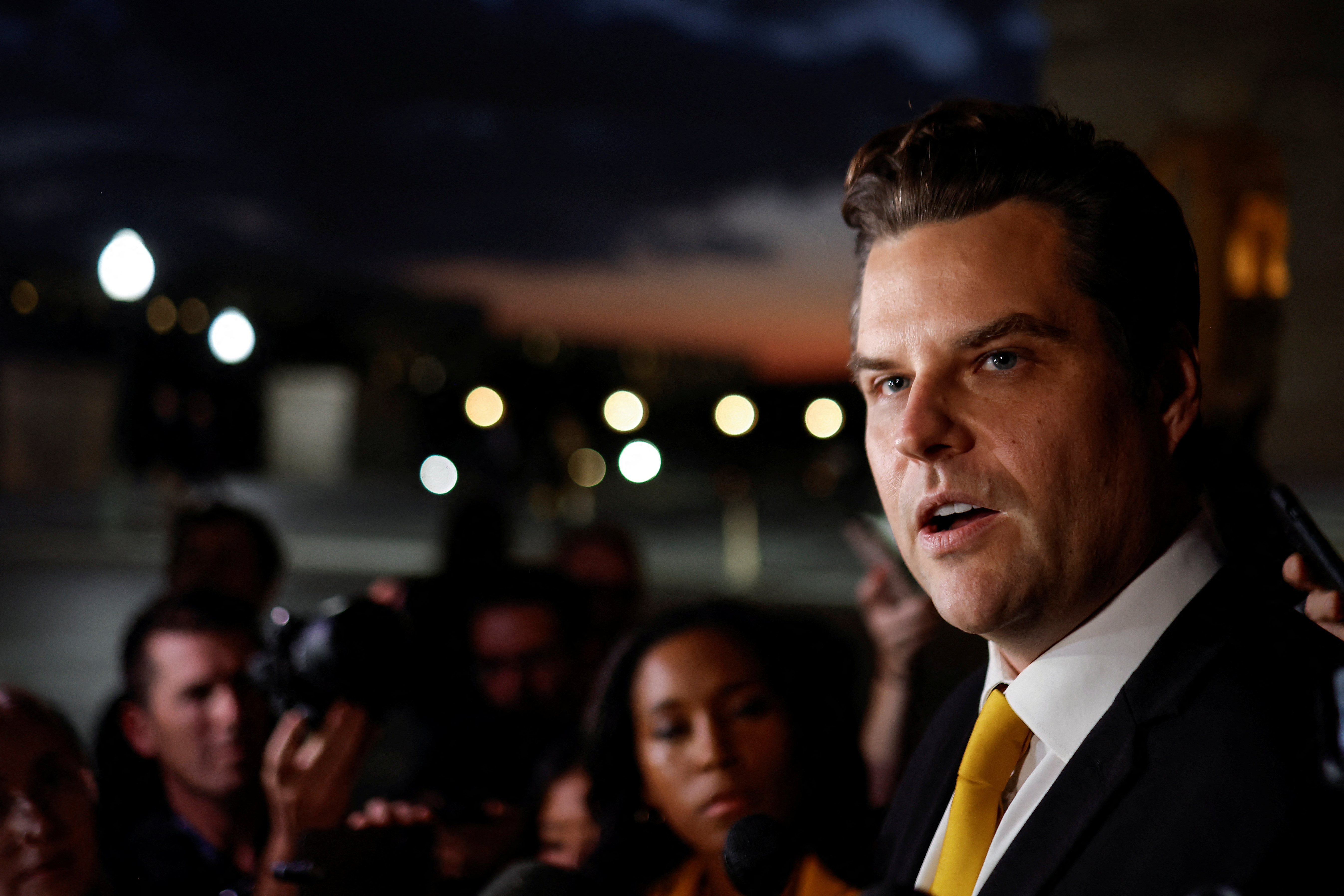 U.S. Representative Matt Gaetz (R-FL) speaks with reporters after filing a motion to vacate —an attempt to oust House Speaker Kevin McCarthy (R-CA)— as he departs the U.S. Capitol in Washington, U.S. October 2, 2023. 