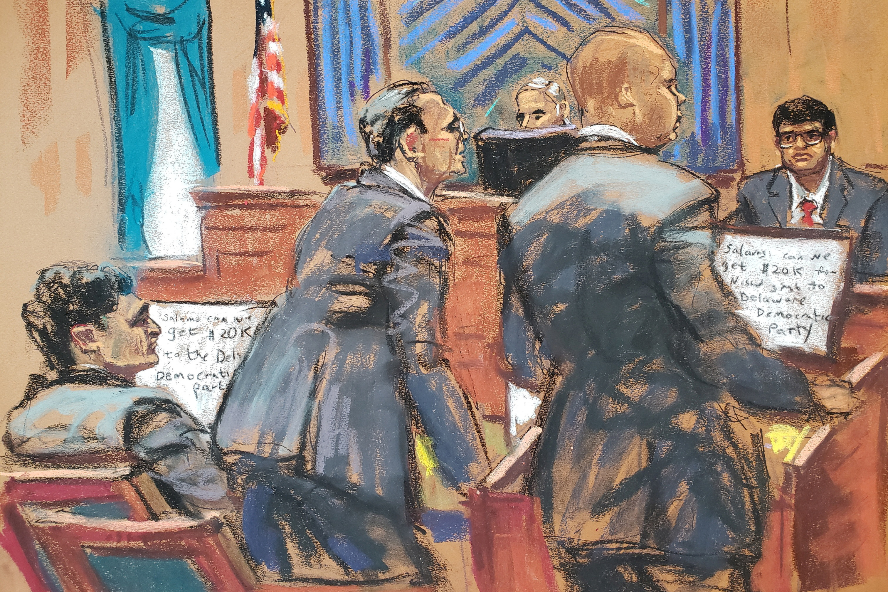 Sam Bankman-Fried's defense lawyer Mark Cohen objects as Assistant U.S. Attorney Nicolas Roos questions Nishad Singh, the former director of engineering at FTX, at Bankman-Fried's fraud trial before U.S. District Judge Lewis Kaplan over the collapse of FTX, the bankrupt cryptocurrency exchange, at Federal Court in New York City, U.S., October 16, 2023 in this courtroom sketch. 