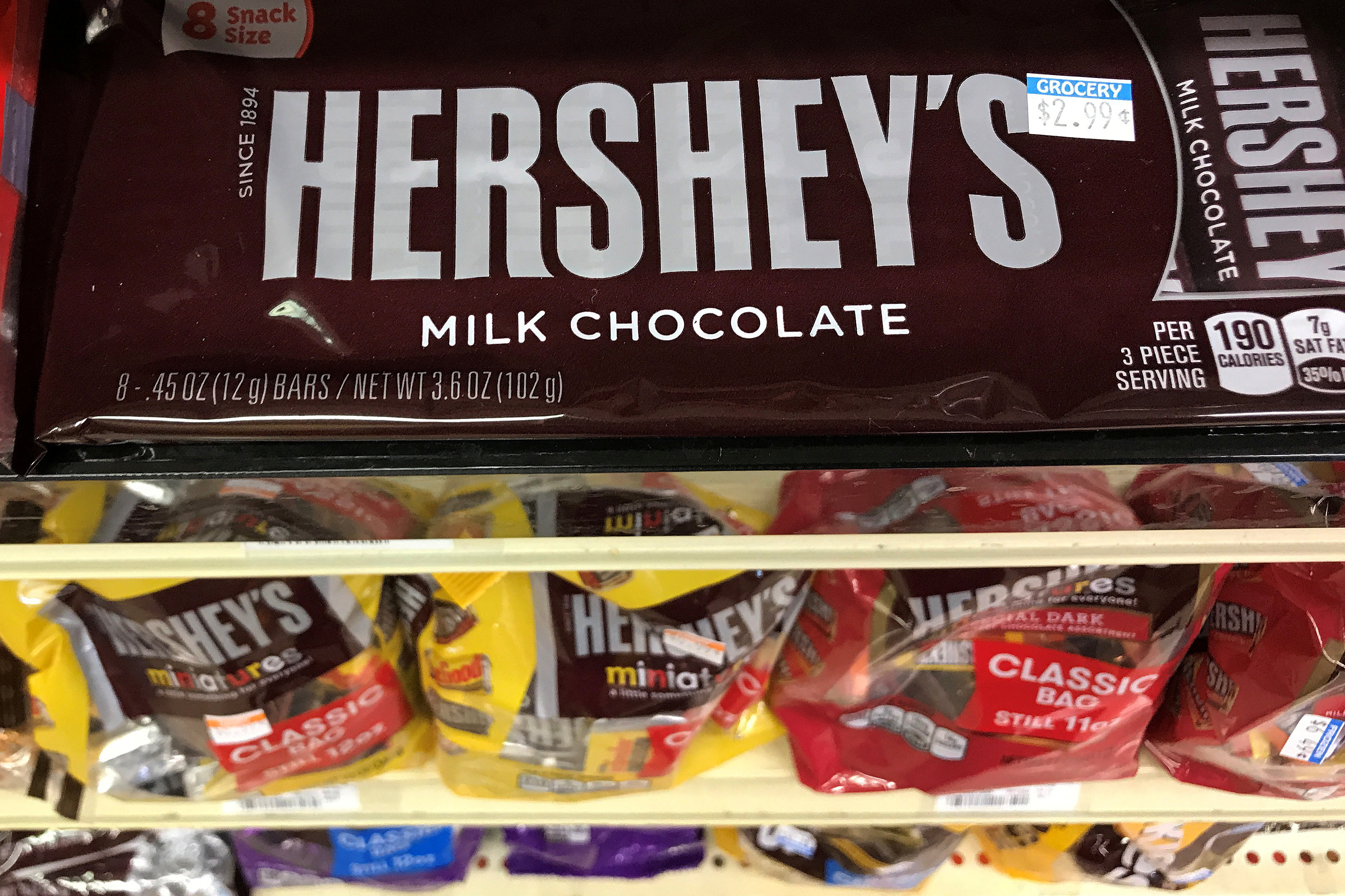 Hershey's chocolates are pictured for sale on a store shelf in the Manhattan borough of New York City, New York, U.S. July 19, 2017. 