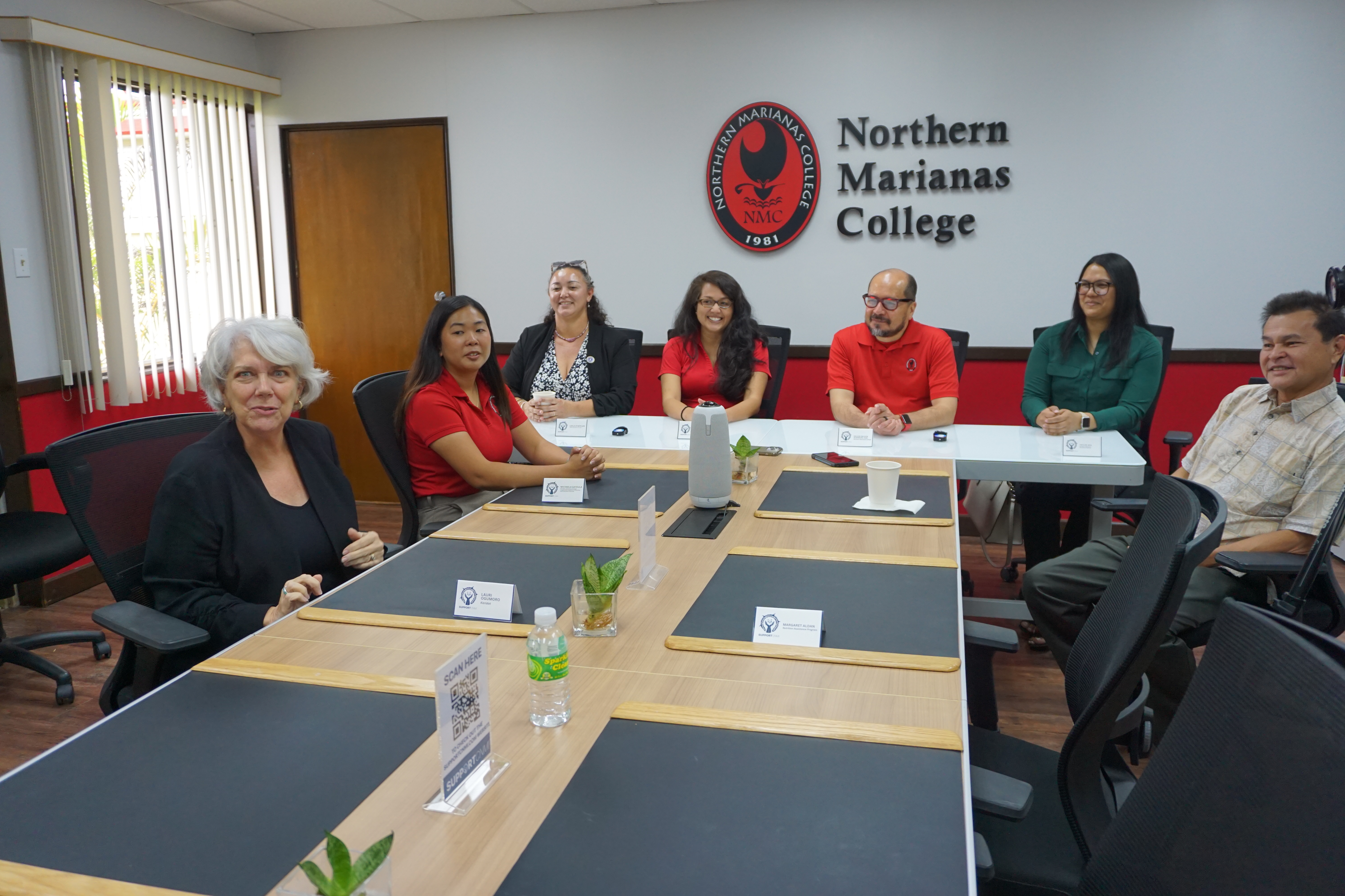 From left, Karidat Executive Director Lauri Ogumoro; Michaela Gatdula, NMC-CREES media specialist II; CNMI Labor Secretary Leila Staffler; NMC-CREES Interim Dean Patricia Coleman; NMC President Galvin Deleon Guerrero; Taylor Ada, NMTech curriculum coordinator; and Henry Hofschneider, special assistant to the lt. governor.