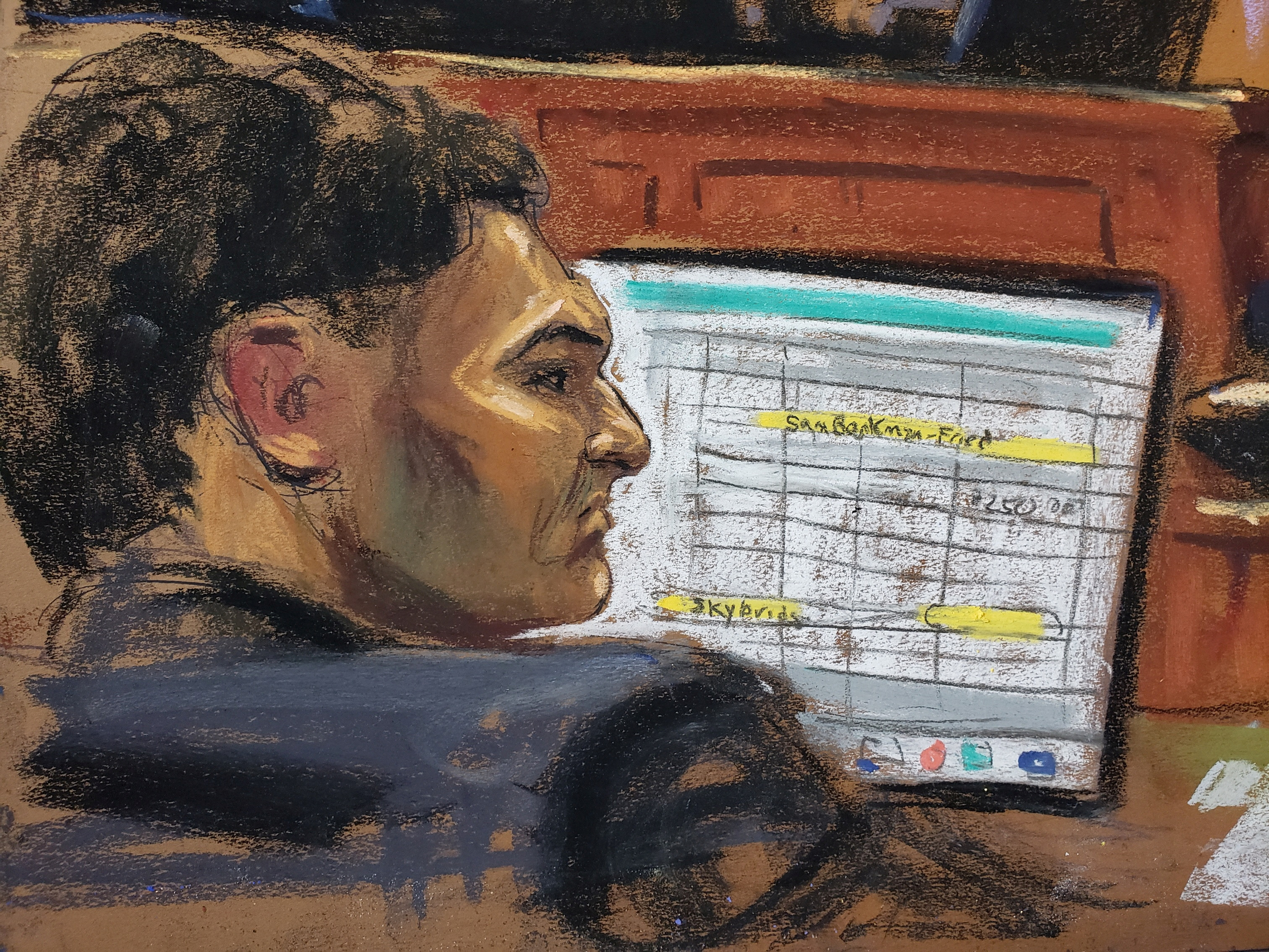 Sam Bankman-Fried sits during his fraud trial over the collapse of FTX, the bankrupt cryptocurrency exchange, at Federal Court in New York City, U.S., October 16, 2023 in this courtroom sketch. 