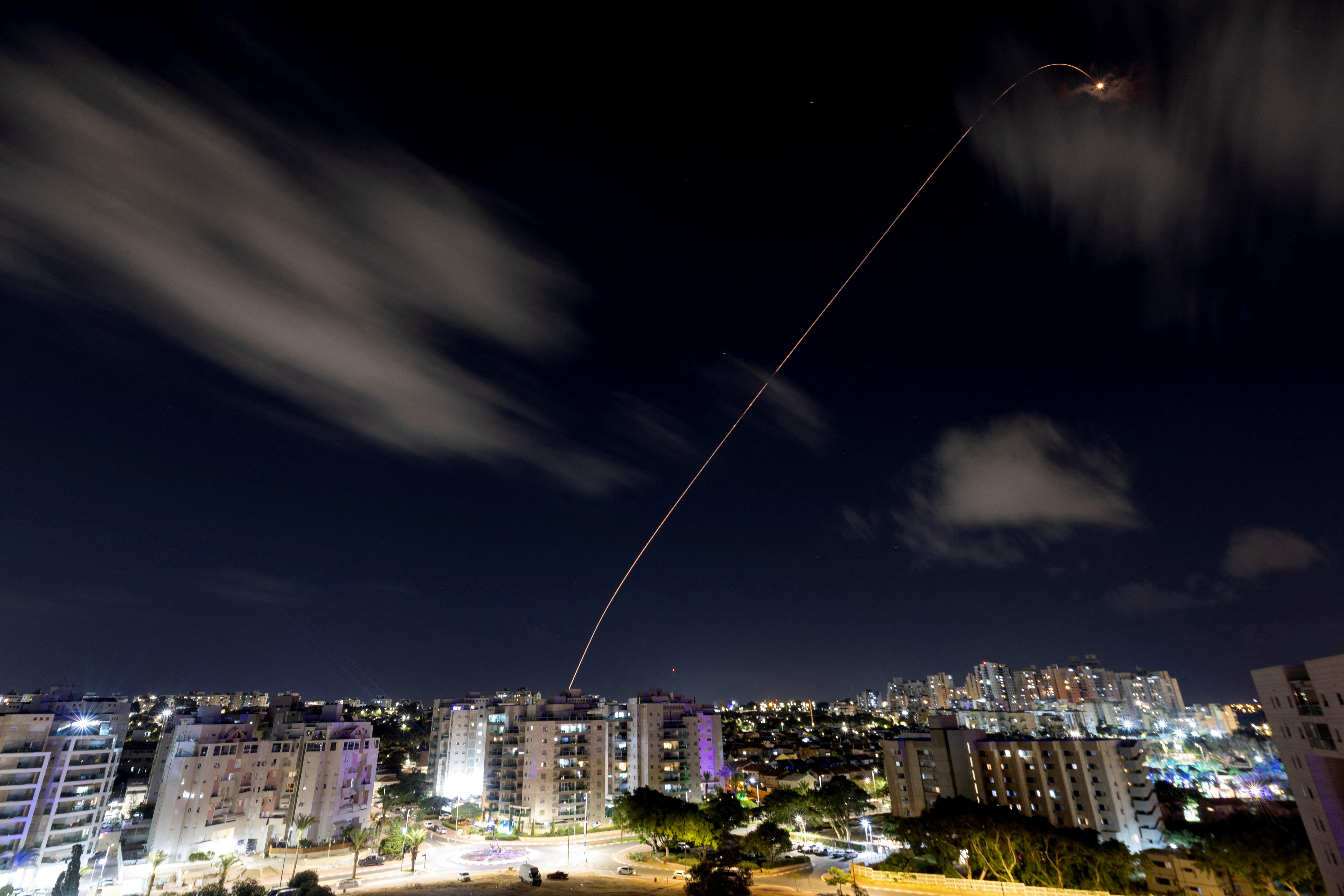 Israel's Iron Dome anti-missile system intercepts a rocket launched from the Gaza Strip towards Israel, as seen from Ashkelon, in southern Israel, October 20, 2023. 