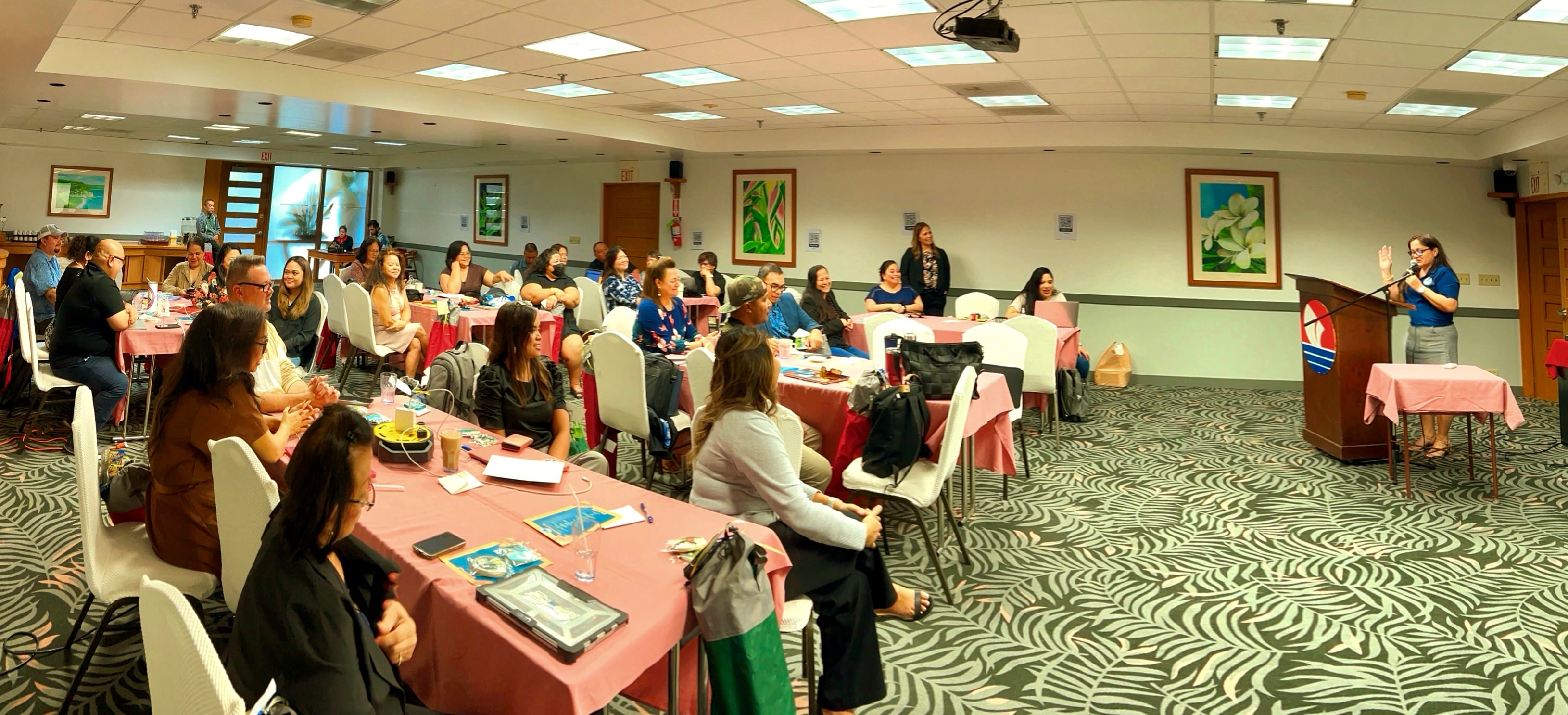 Interim Commissioner of Education Donna M. Flores, right, honors the CNMI’s public school principals for their commitment, sacrifices and hard work during the culmination of the National Principals Month celebration at the Pacific Islands Club.  