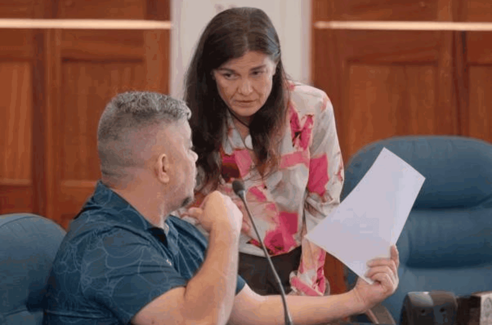 Speaker Therese Terlaje, right, discusses Bill 173-37 with Sen. Chris "Malafunkshun" Barnett during a regular session at the Guam Congress Building in Hagåtña on Friday, Oct. 27, 2023.