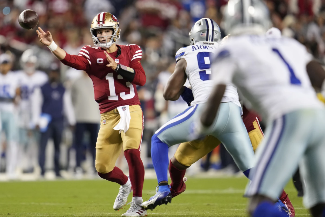 San Francisco 49ers quarterback Brock Purdy passes against the Dallas Cowboys during the second half of an NFL football game in Santa Clara, Calif., Sunday, Oct. 8, 2023.