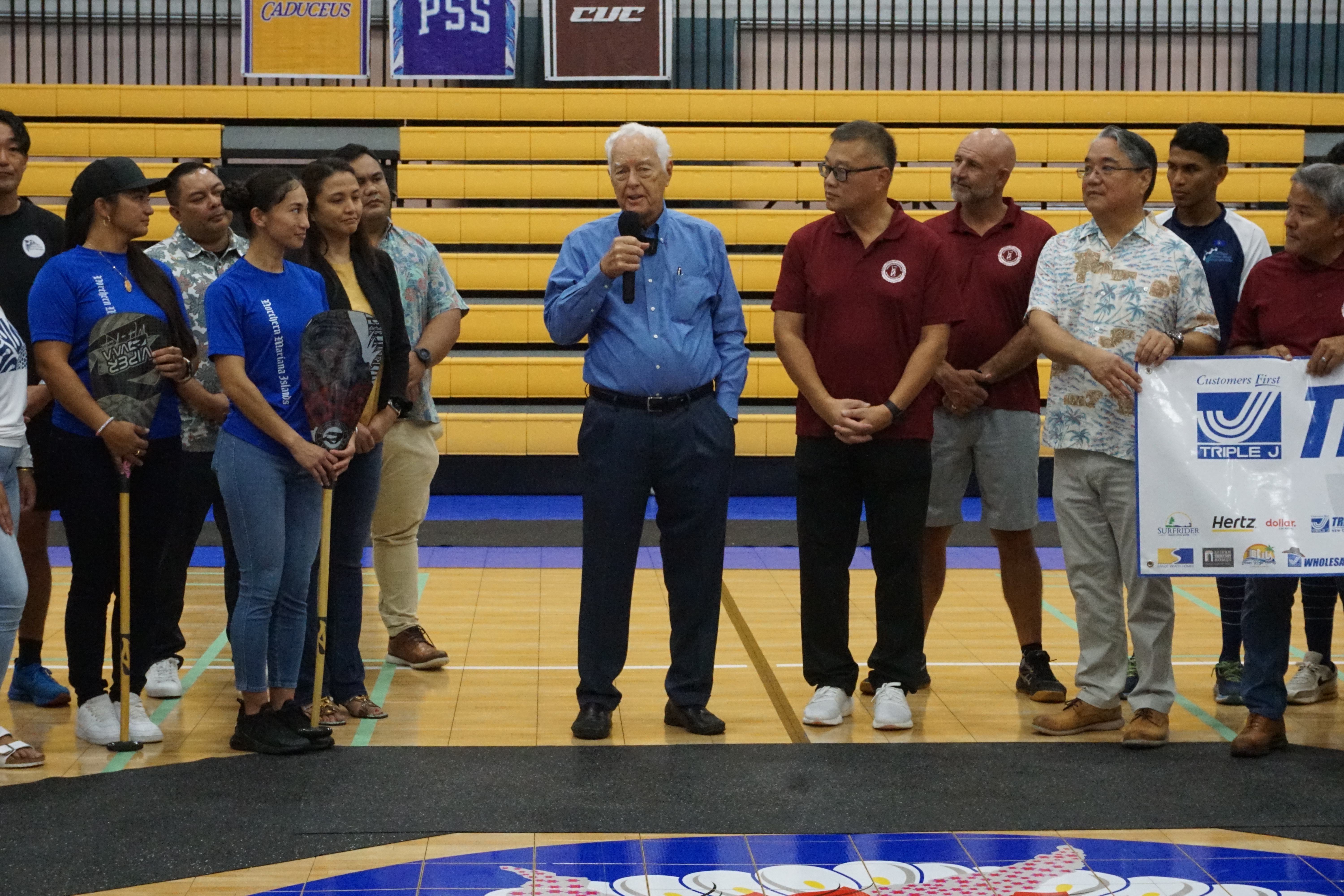 Triple J Saipan President Bob Jones delivers his remarks during a sponsorship ceremony at the Ada gym on Friday.