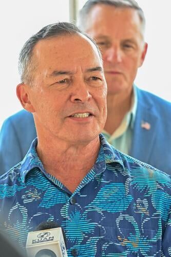 Del. James Moylan speaks during a press conference Thursday, Aug. 24, 2023, in Hagåtña.