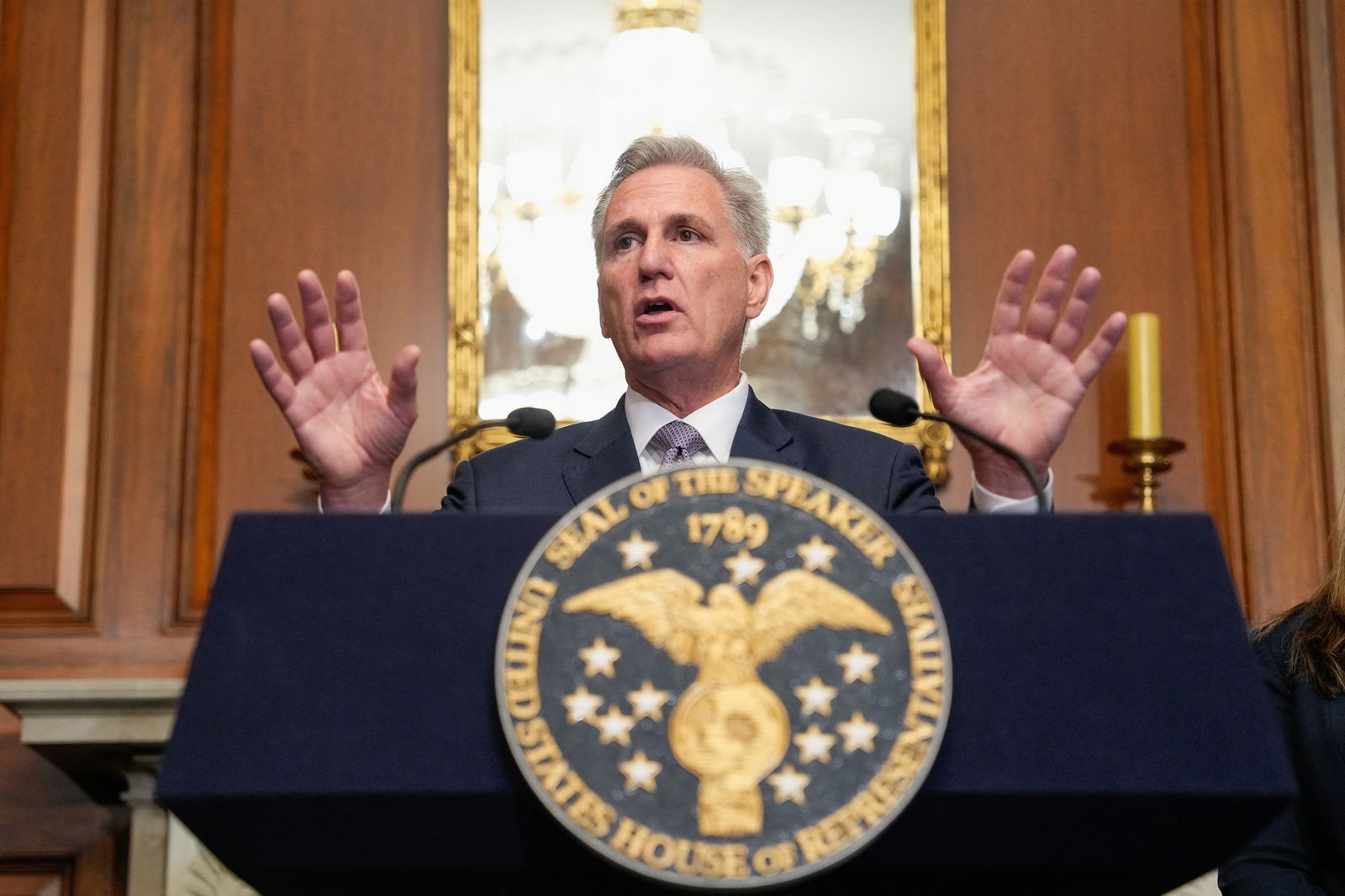 U.S. House Speaker Kevin McCarthy (R-CA) gestures as he speaks to reporters in the U.S. Capitol after the House of Representatives passed a stopgap government funding bill to avert an immediate government shutdown, on Capitol Hill in Washington, U.S. September 30, 2023. REUTERS/ Ken Cedeno