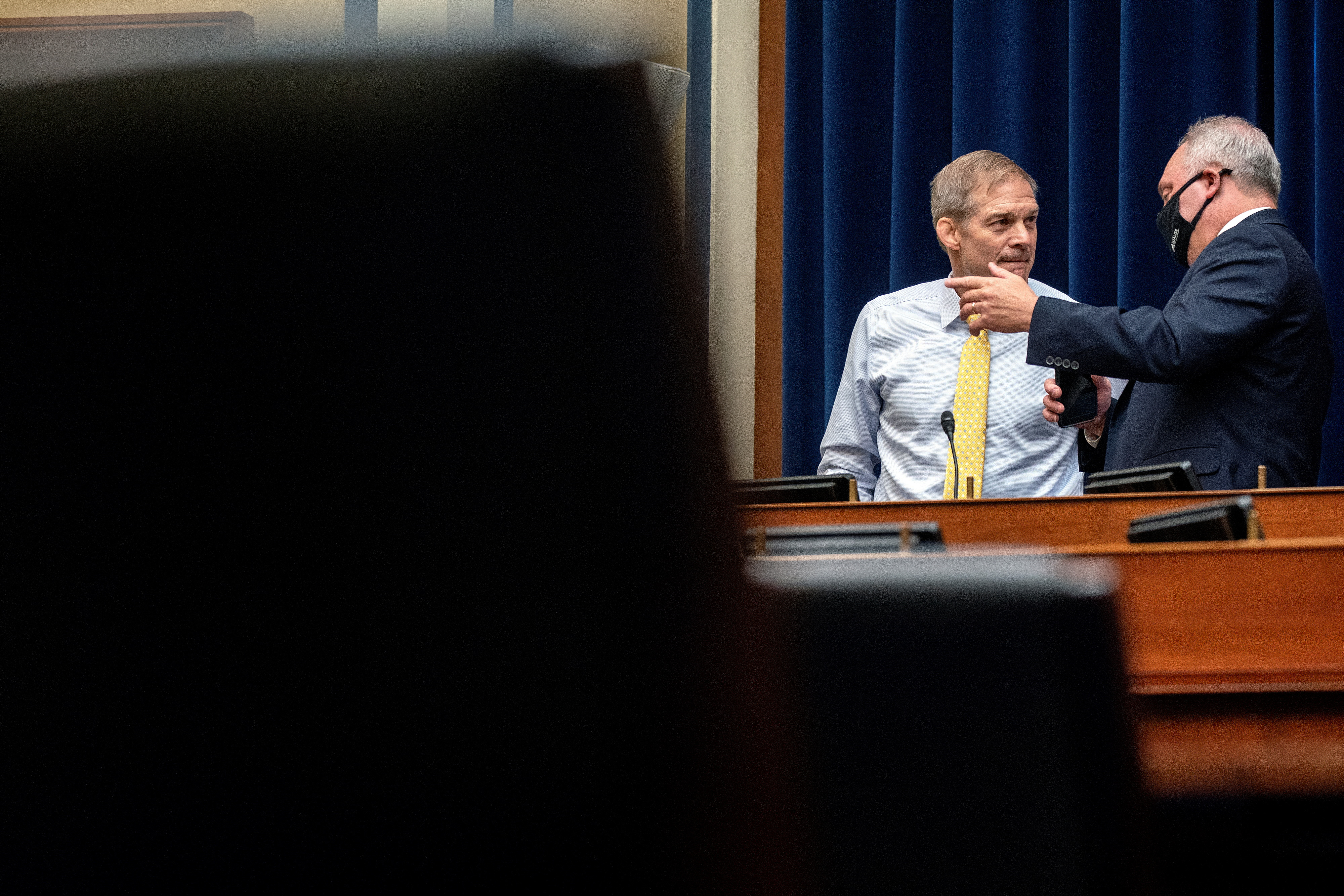 U.S. Representative Steve Scalise (R-LA) speaks with U.S. Rep. Jim Jordan (R-OH) during a House Select Subcommittee on the Coronavirus Crisis hearing on Capitol Hill in Washington, U.S., May 19, 2021. 