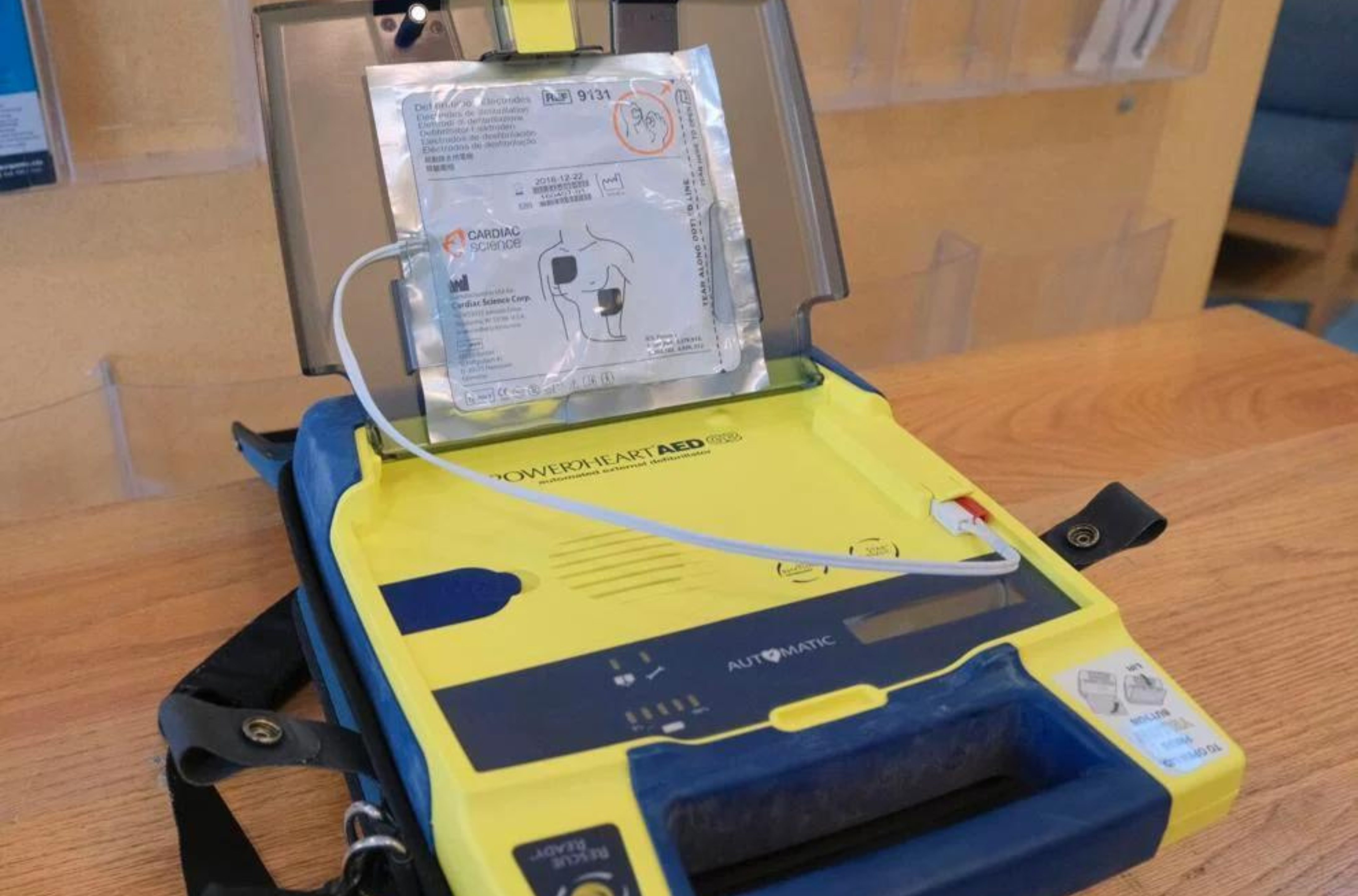 A portable defibrillator is seen at the Guam Community College campus in Mangilao on Wednesday, Sept. 27, 2023.