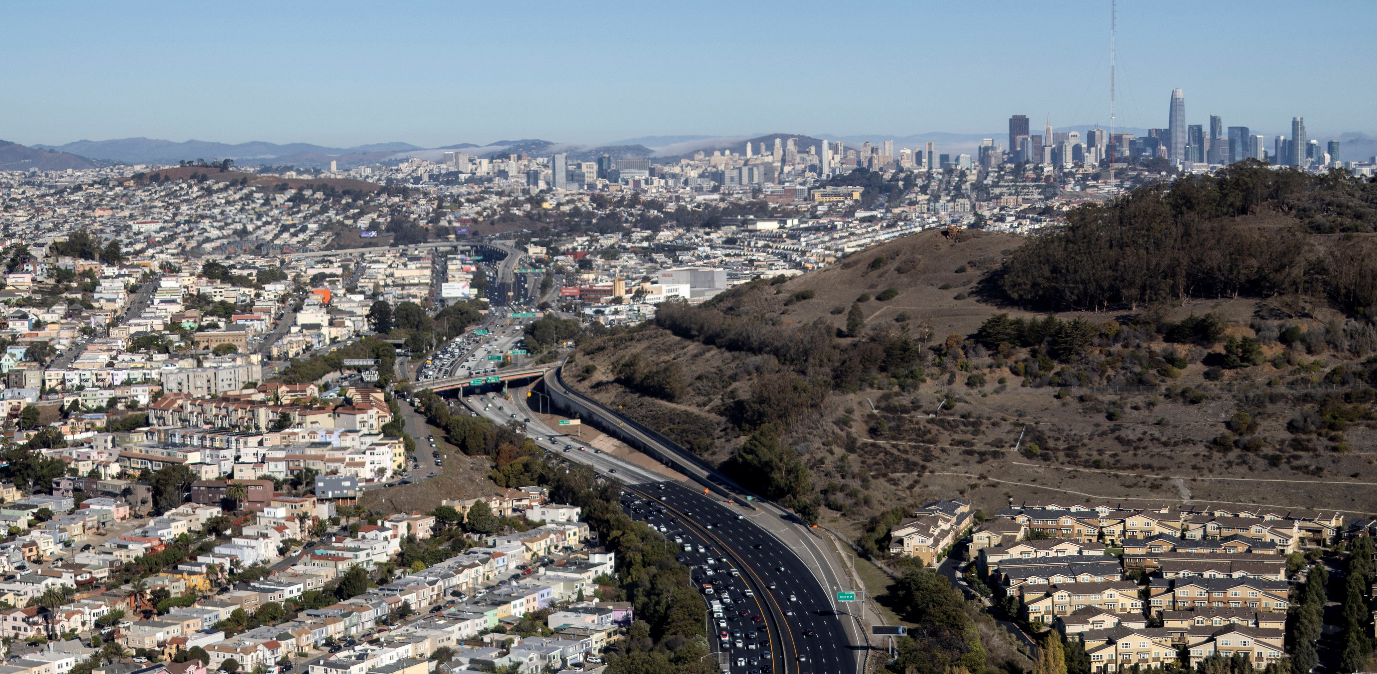 Aerial view of highway 101 and San Francisco's skyline in San Francisco, California, U.S., October 28, 2021. Picture taken October 28, 2021. 