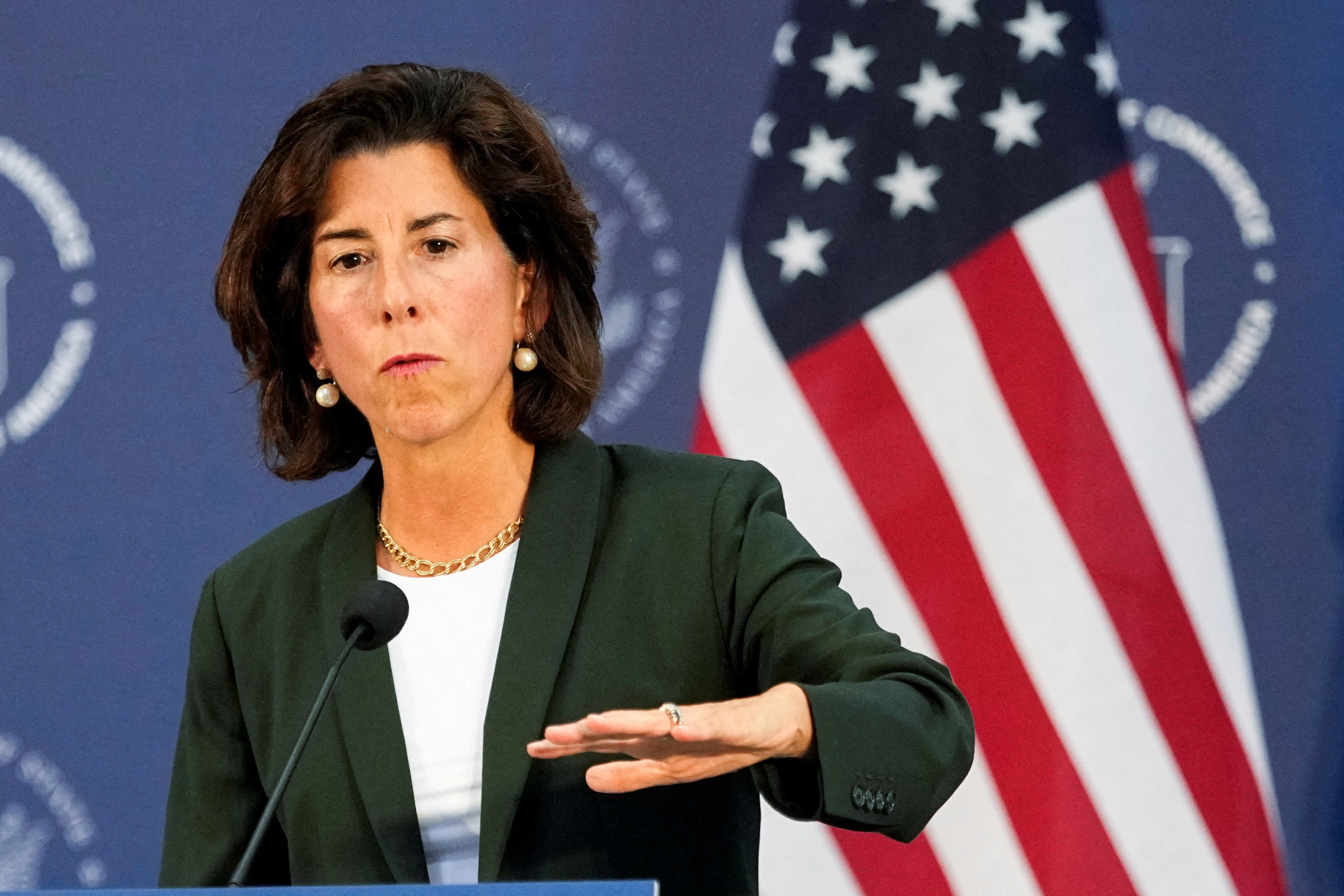 U.S. Secretary of Commerce Gina Raimondo attends a press conference at the Boeing Shanghai Aviation Services near the Shanghai Pudong International Airport, in Shanghai, China August 30, 2023. 