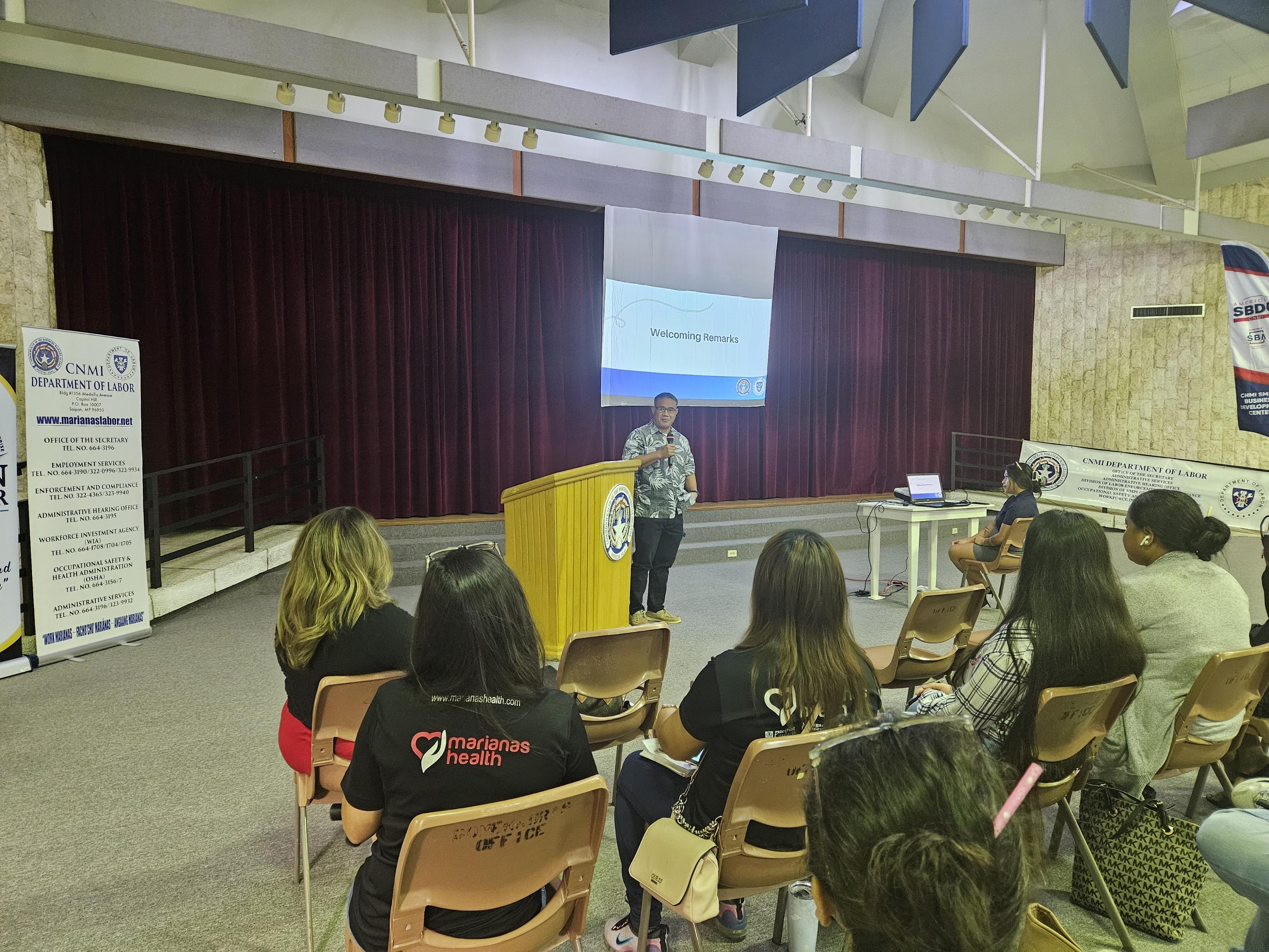 Eugene Tebuteb, director of employment services of the CNMI Department of Labor, conducts outreach training at the multi-purpose center on Friday, Oct. 13, 2023.