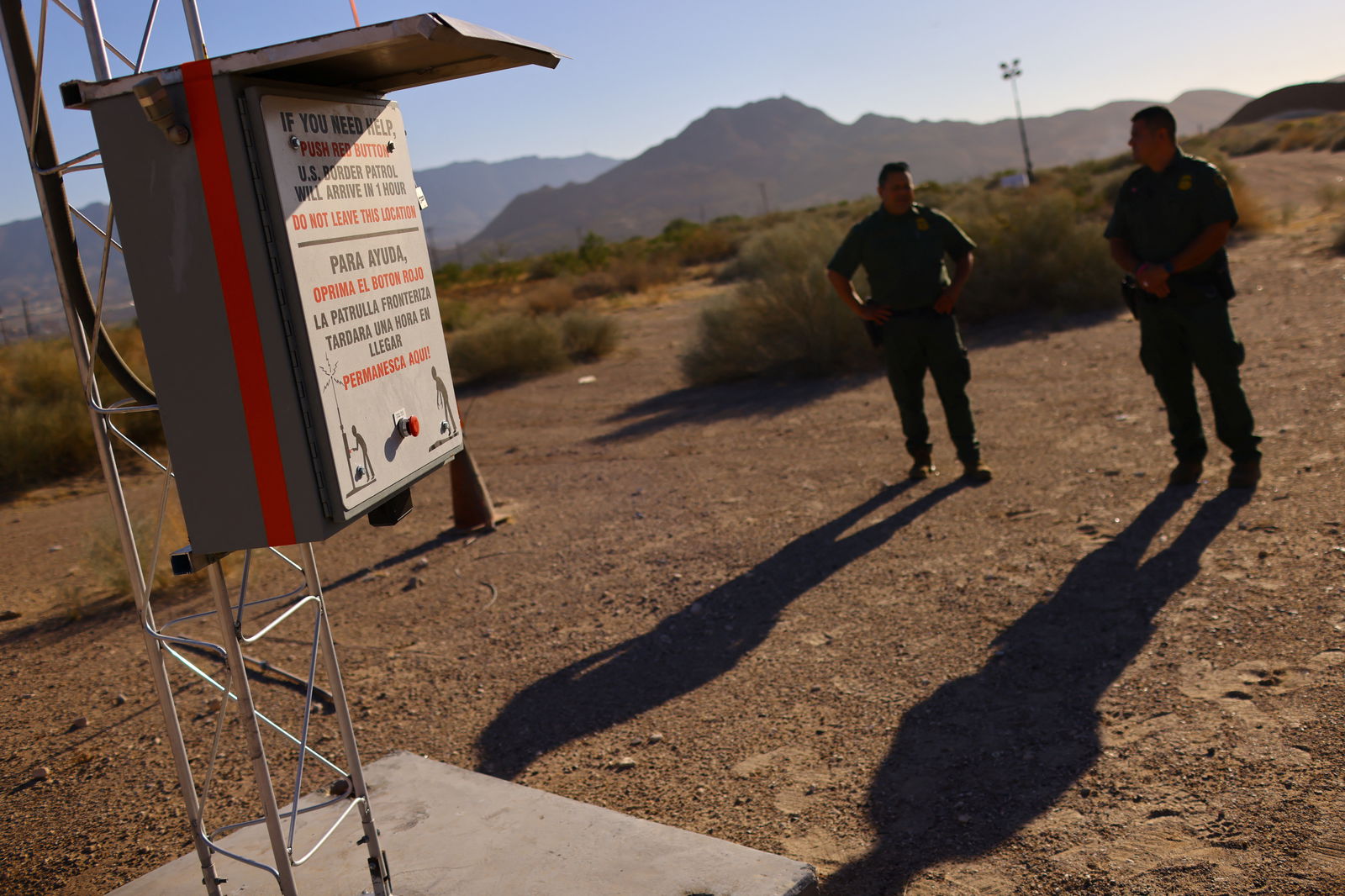 U.S. Border Patrol agents display "rescue beacons", placed by the U.S. Customs and Border Protection (CBP) in remote areas where migrants can press a red button to request help, in Sunland Park New Mexico, U.S., October 5, 2023. REUTERS/Jose Luis Gonzalez