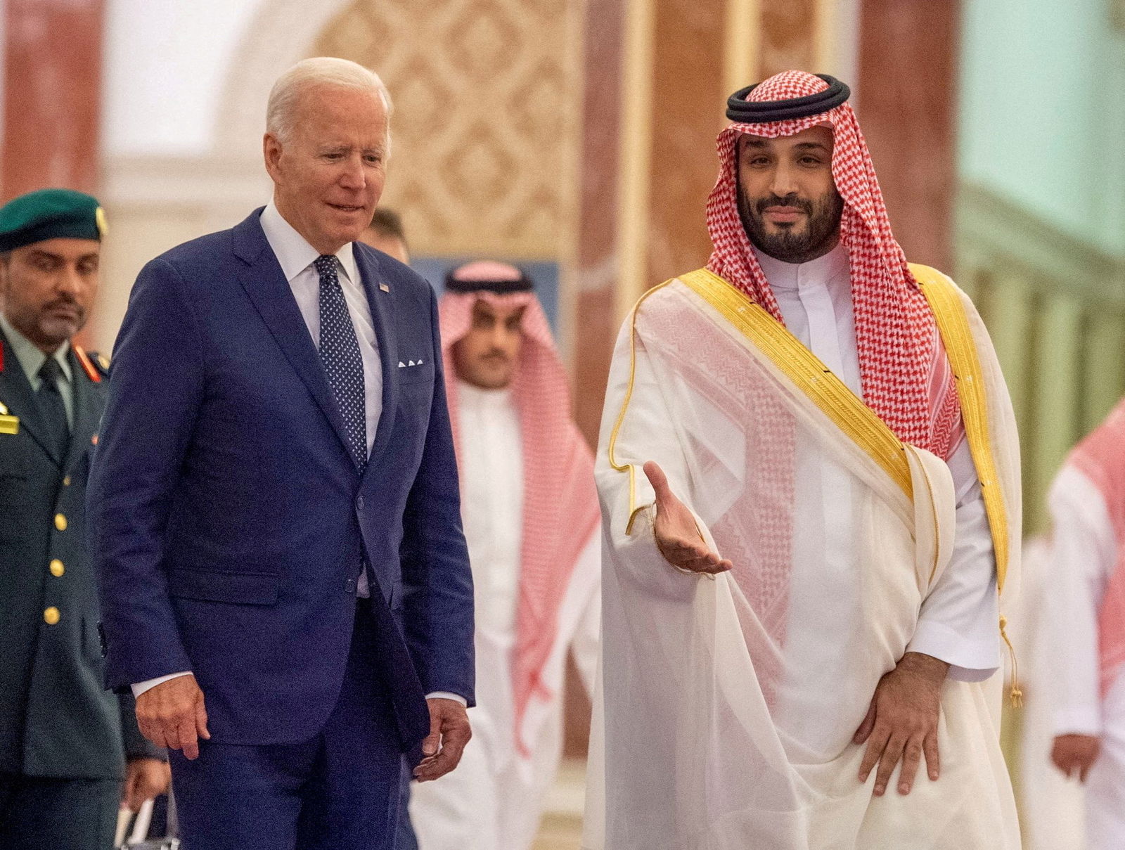 Saudi Crown Prince Mohammed bin Salman receives U.S. President Joe Biden at Al Salman Palace upon his arrival in Jeddah, Saudi Arabia, July 15, 2022. 
