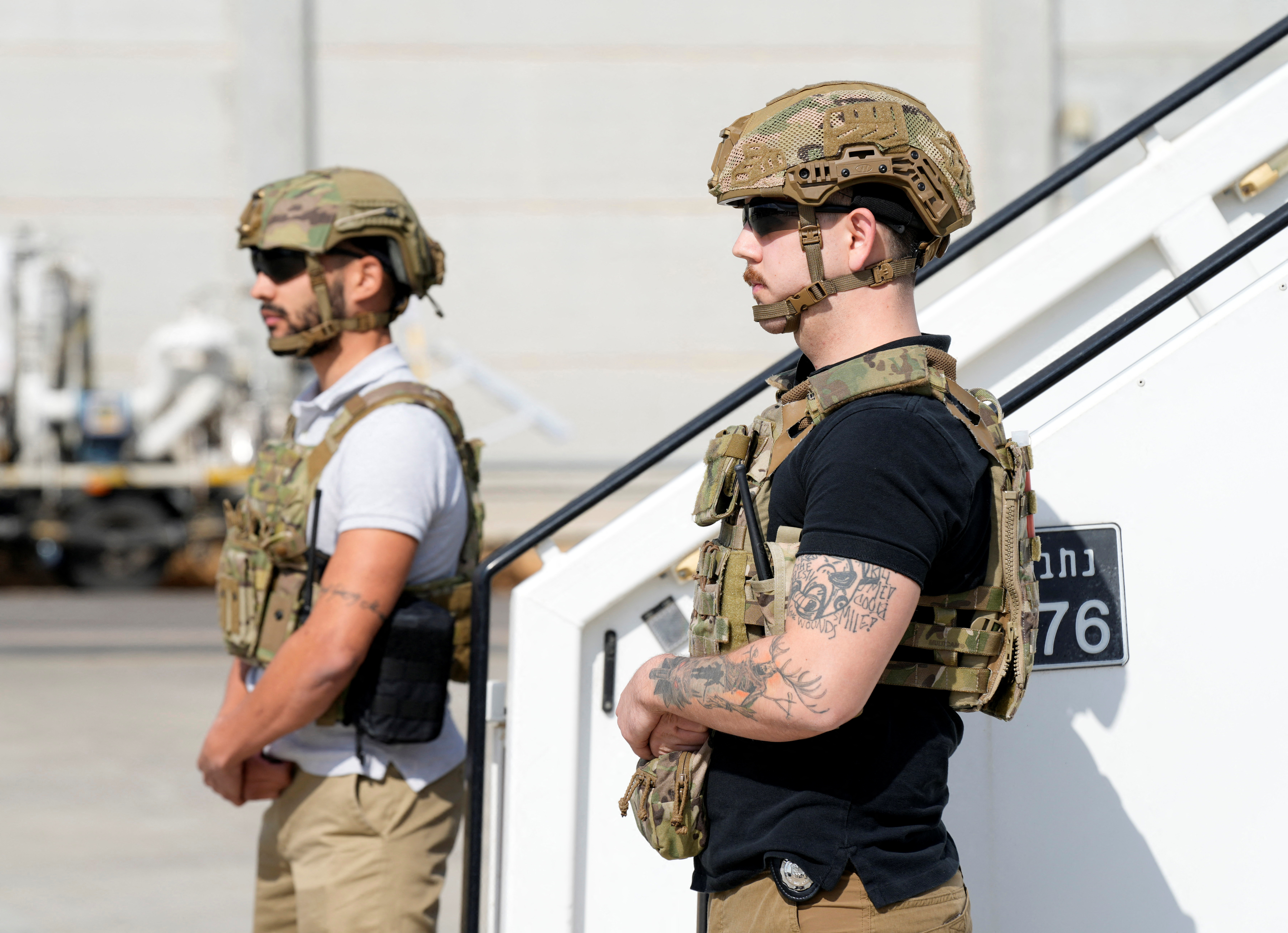 Soldiers guard outside the aircraft of Secretary of State Antony Blinken upon his arrival at Ben Gurion Airport in Tel Aviv, Israel, Thursday Oct. 12, 2023. President Joe Biden is dispatching his top diplomat to Israel on an urgent mission to show U.S. support after the unprecedented attack by Hamas militants. 